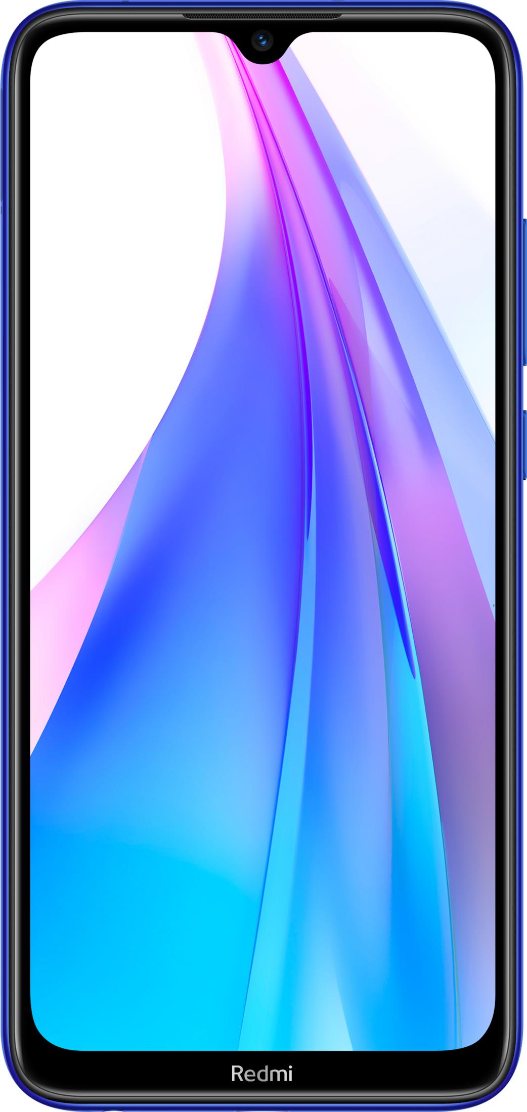 A blue smartphone with a teardrop notch and an abstract pattern on screen.