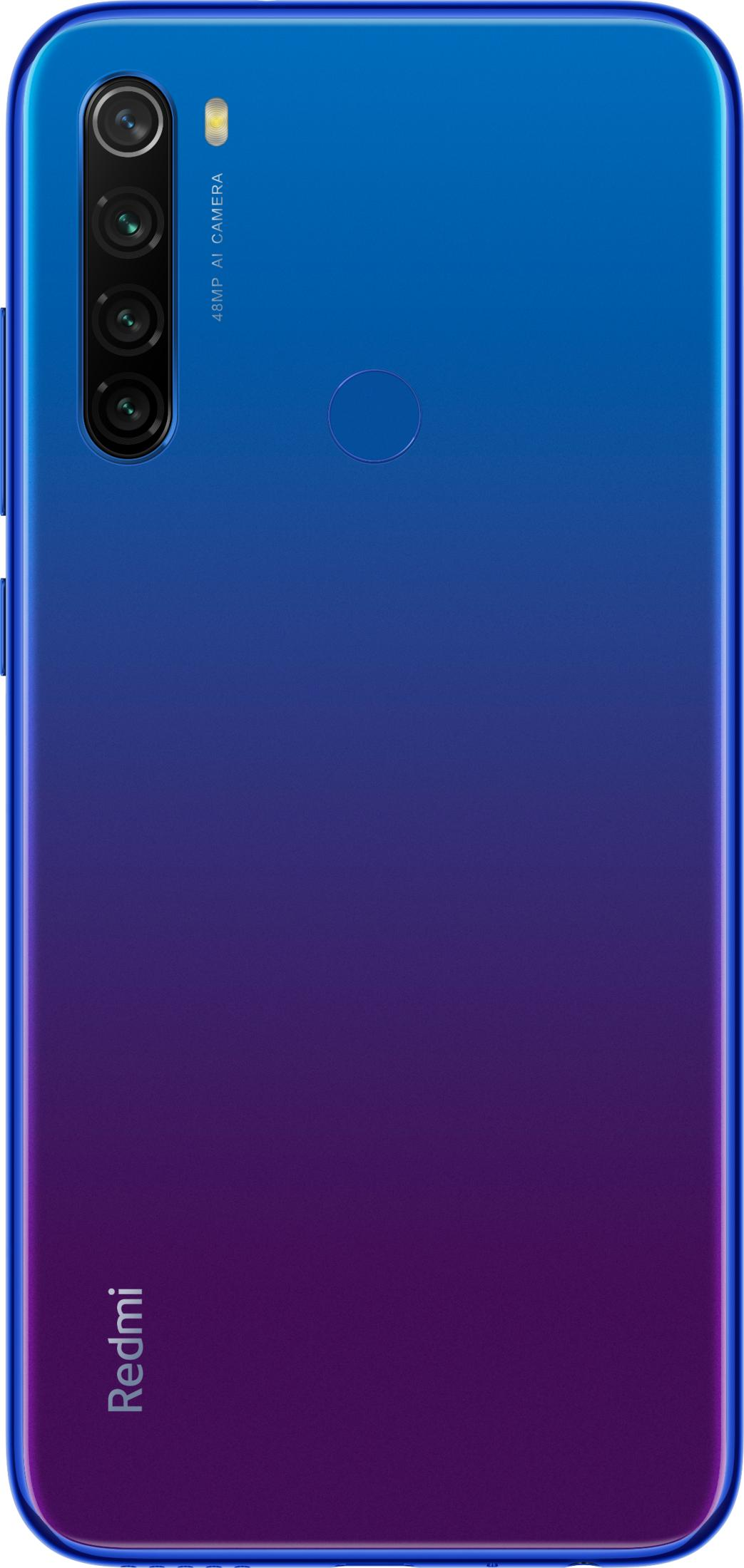 Blue to purple gradient Redmi phone back with four cameras and flash.