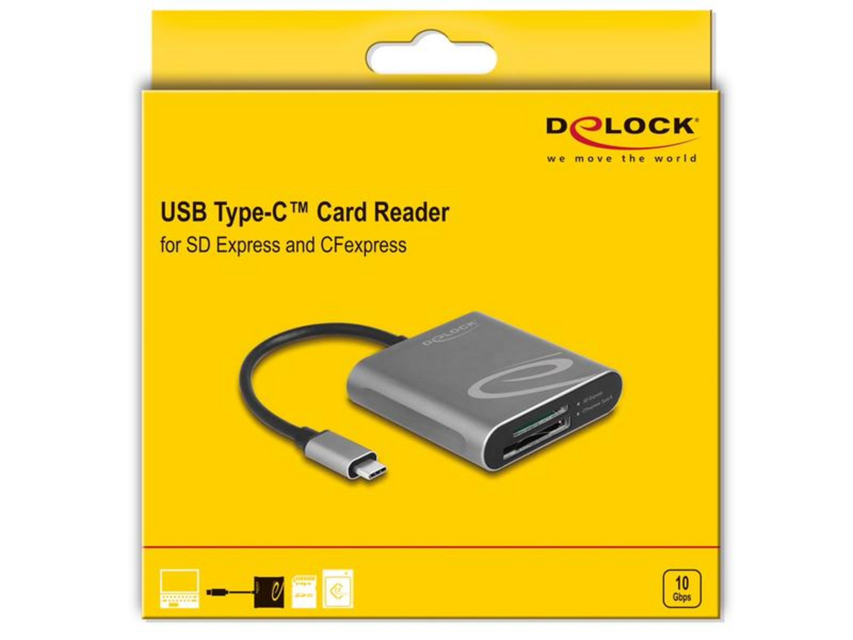 Grauer USB-C Kartenleser für SD und CFexpress mit Kabel auf gelbem Karton.