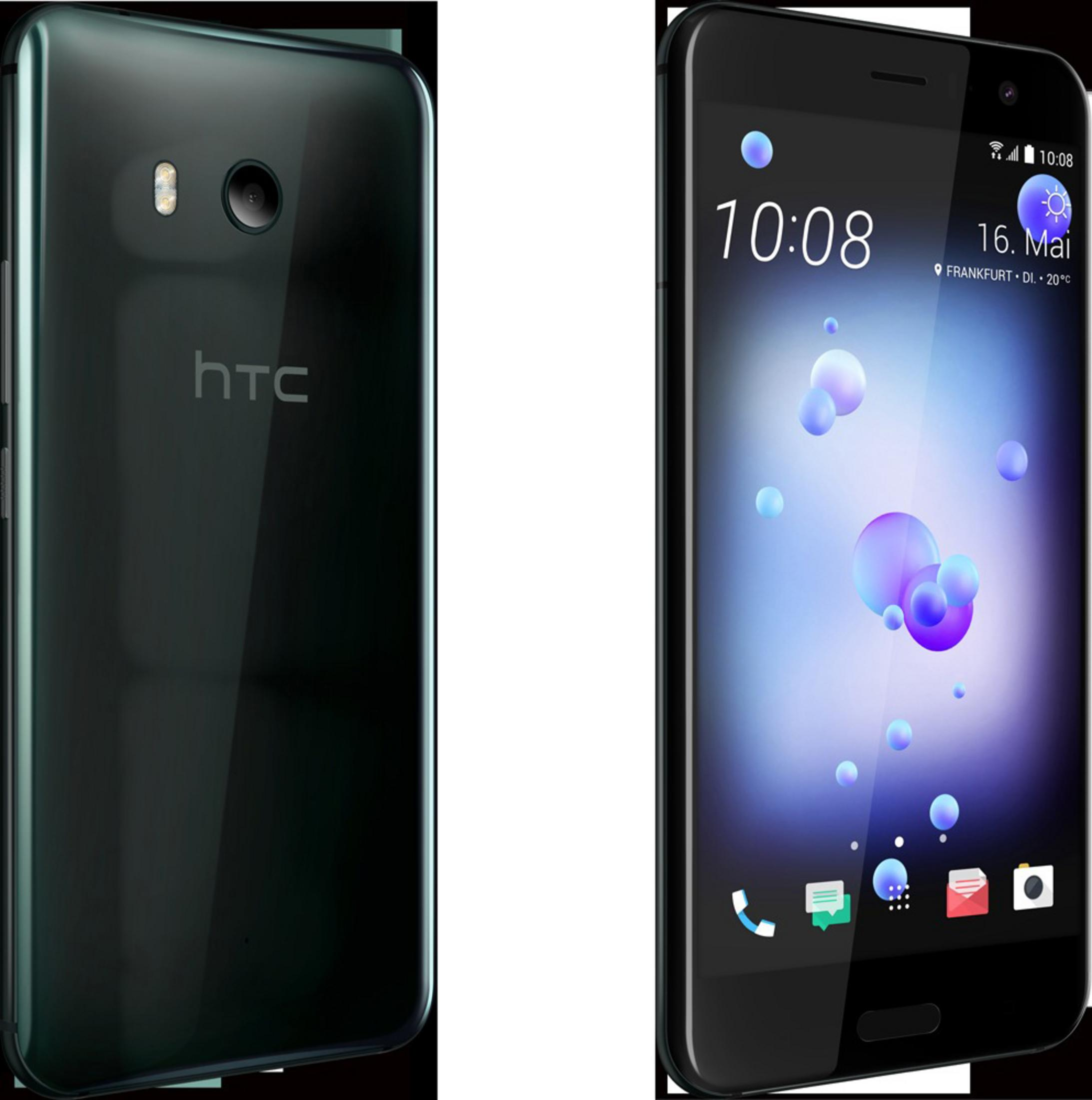 Rückseite und Vorderseite eines dunklen HTC Smartphones mit Kameras und App-Symbolen.