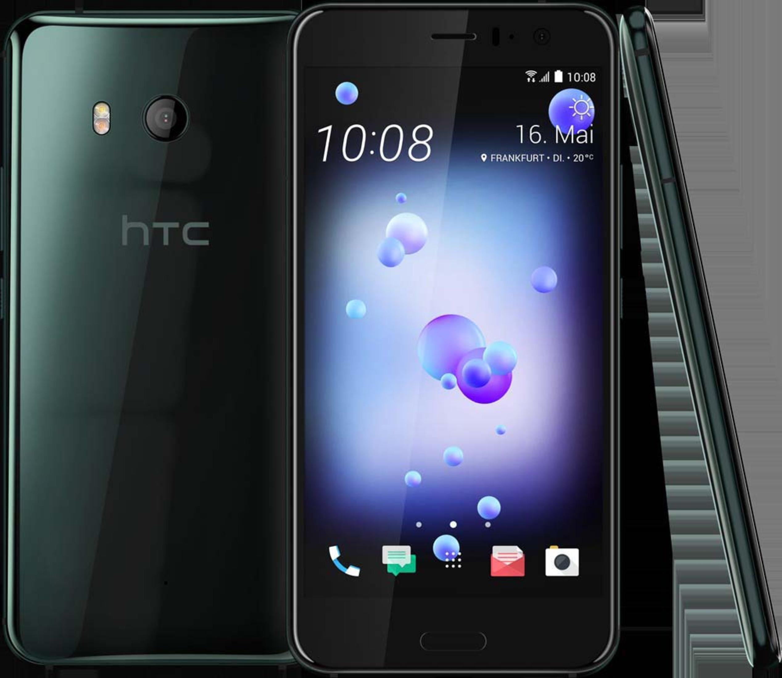 Ein schwarzes HTC Smartphone mit einem bunten Hintergrundbild und auf dem Bildschirm angezeigten Uhren.