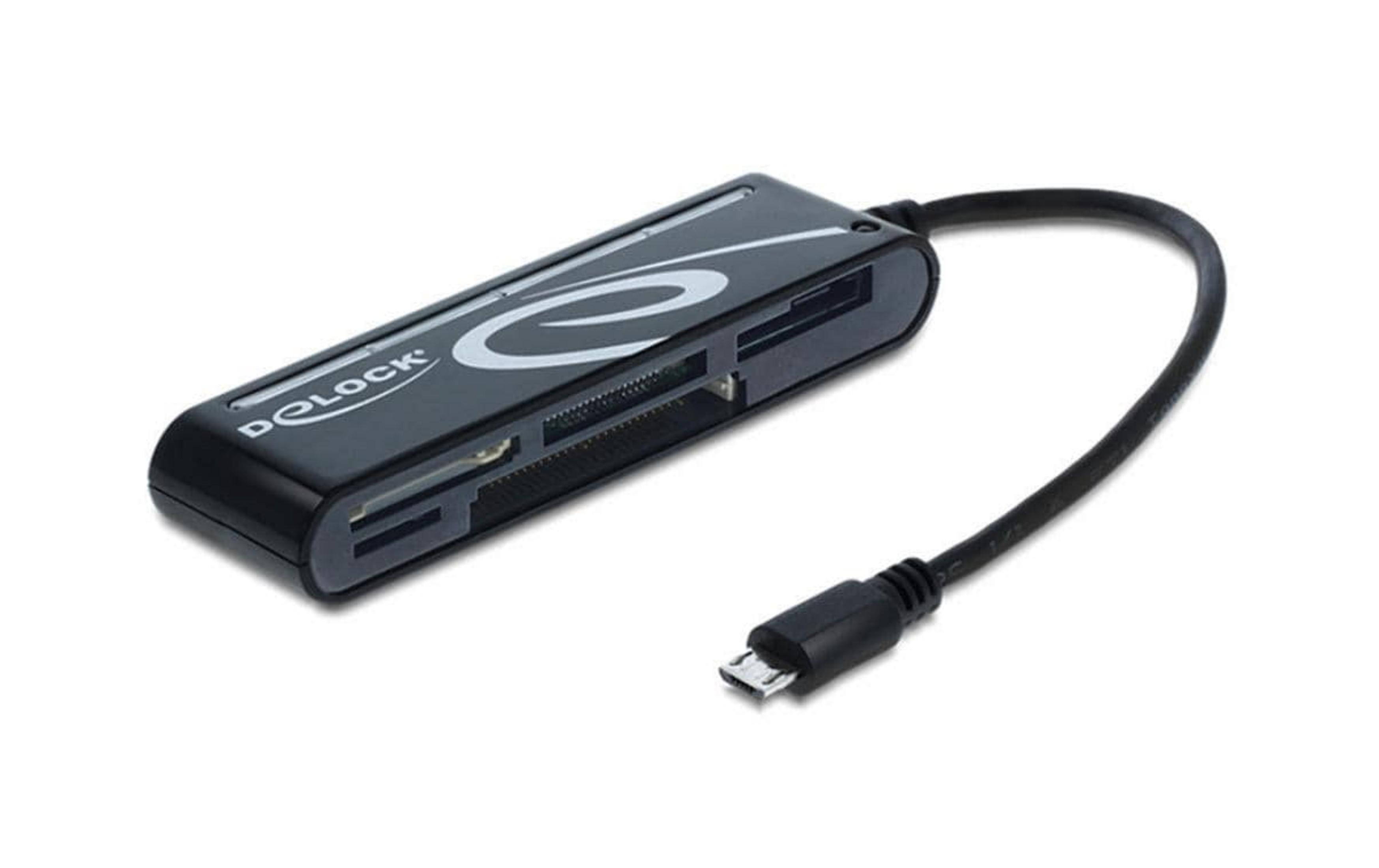 Ein schwarzer Kartenleser mit SD- und Micro-SD-Steckplätzen und einem USB-Kabel.