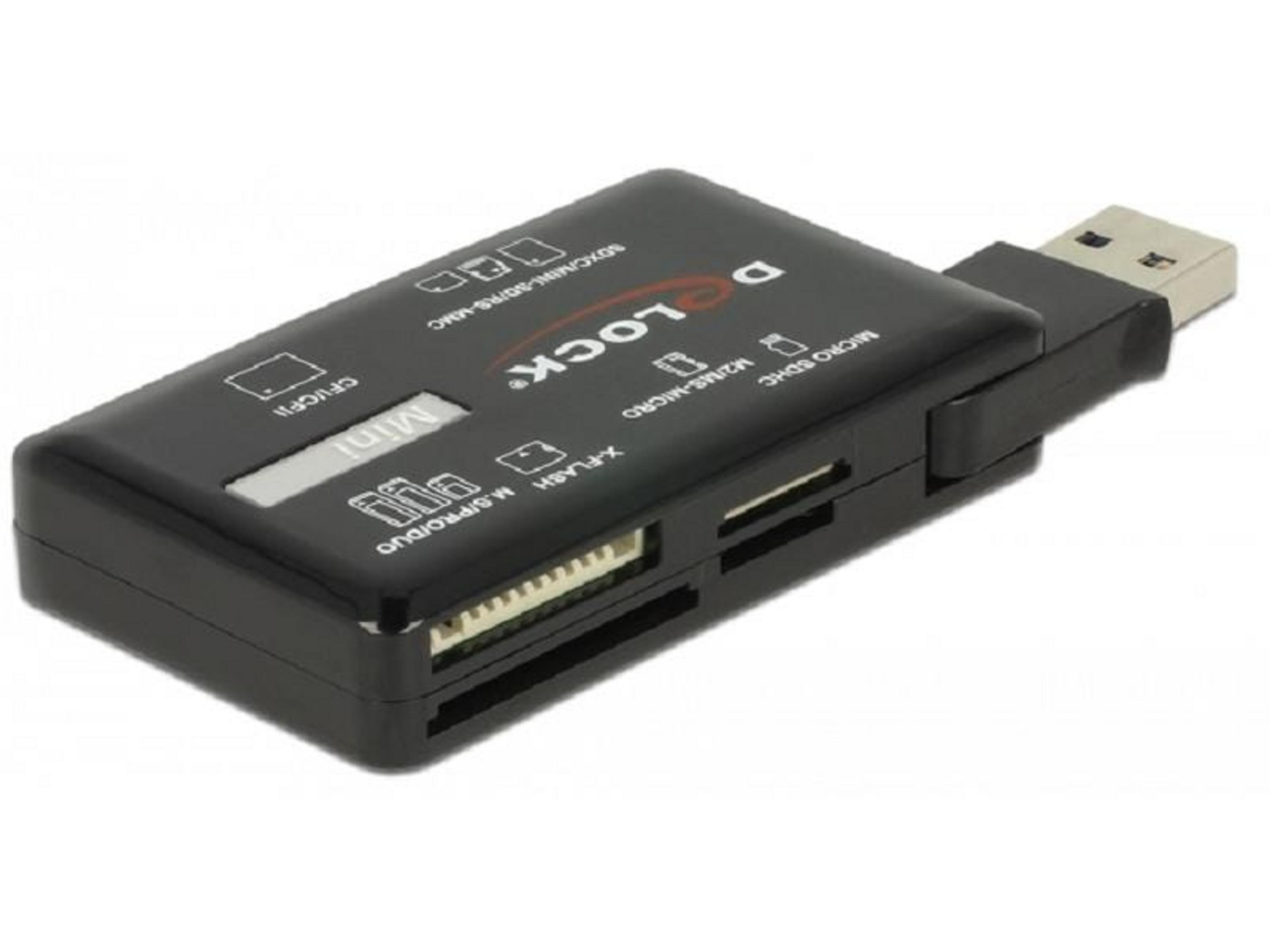 Schwarzer Kartenleser mit USB-Anschluss und verschiedenen Steckplätzen.
