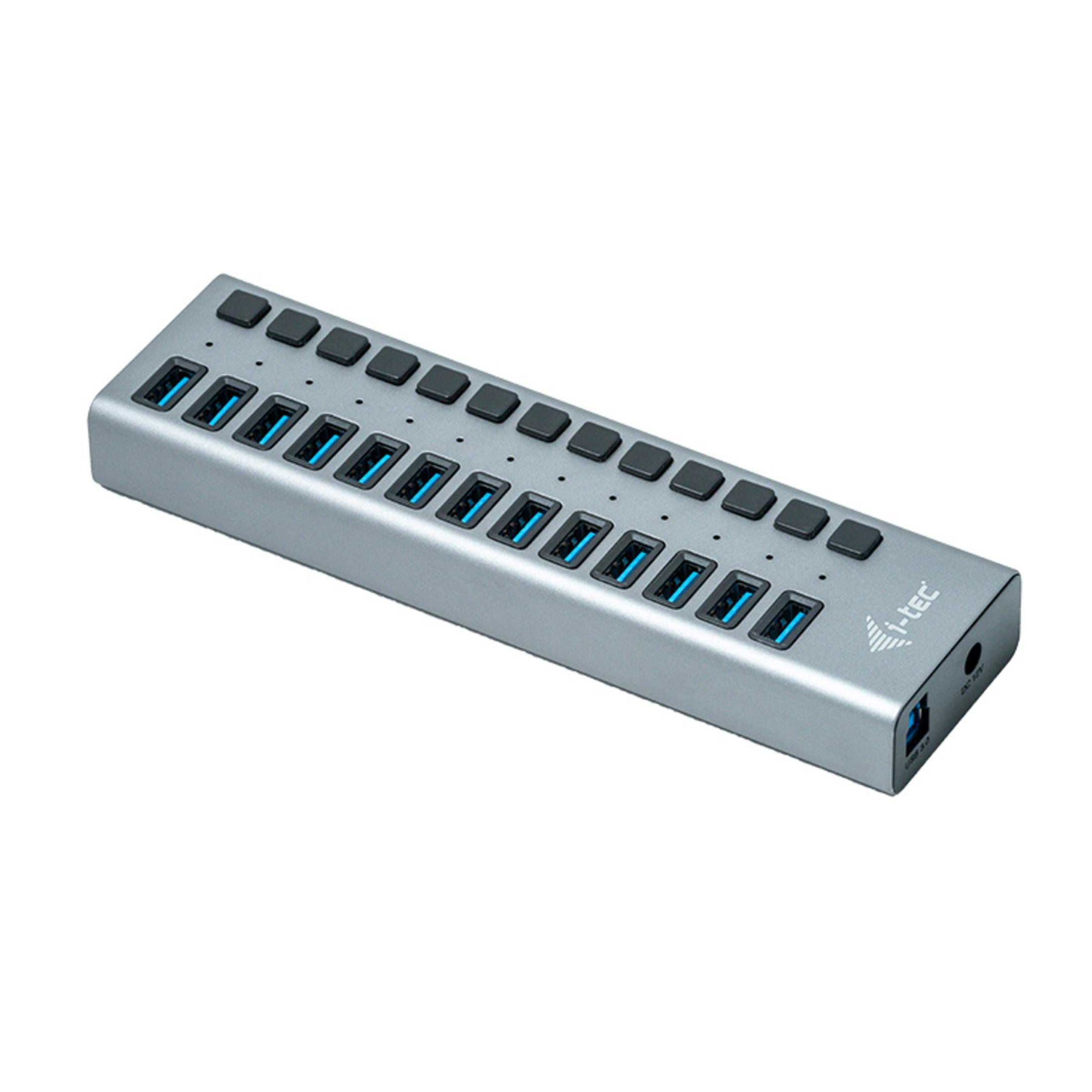 Hub USB argentato con 16 porte e pulsanti neri.
