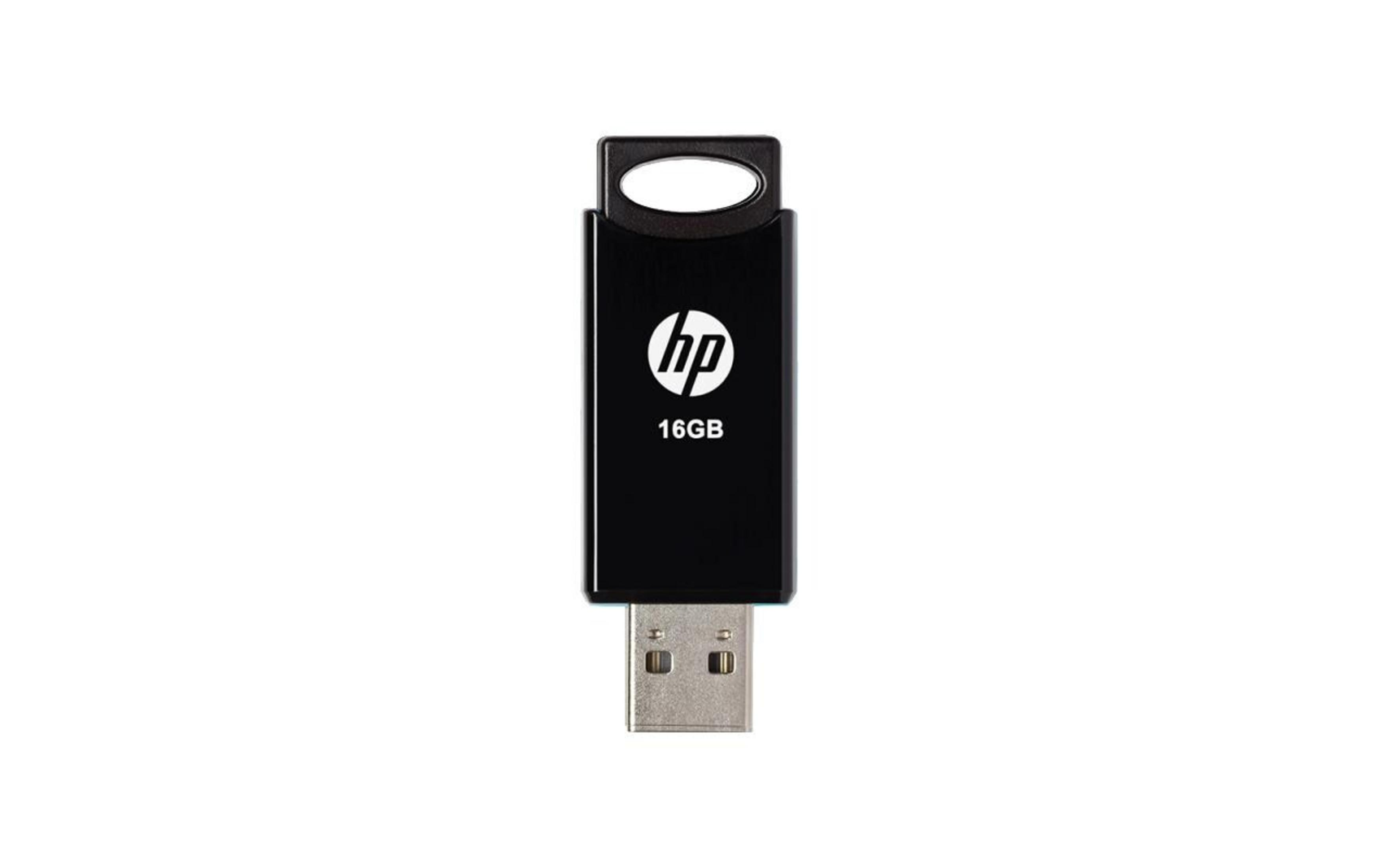 Un pendrive HP negro de 16GB con conector plateado.