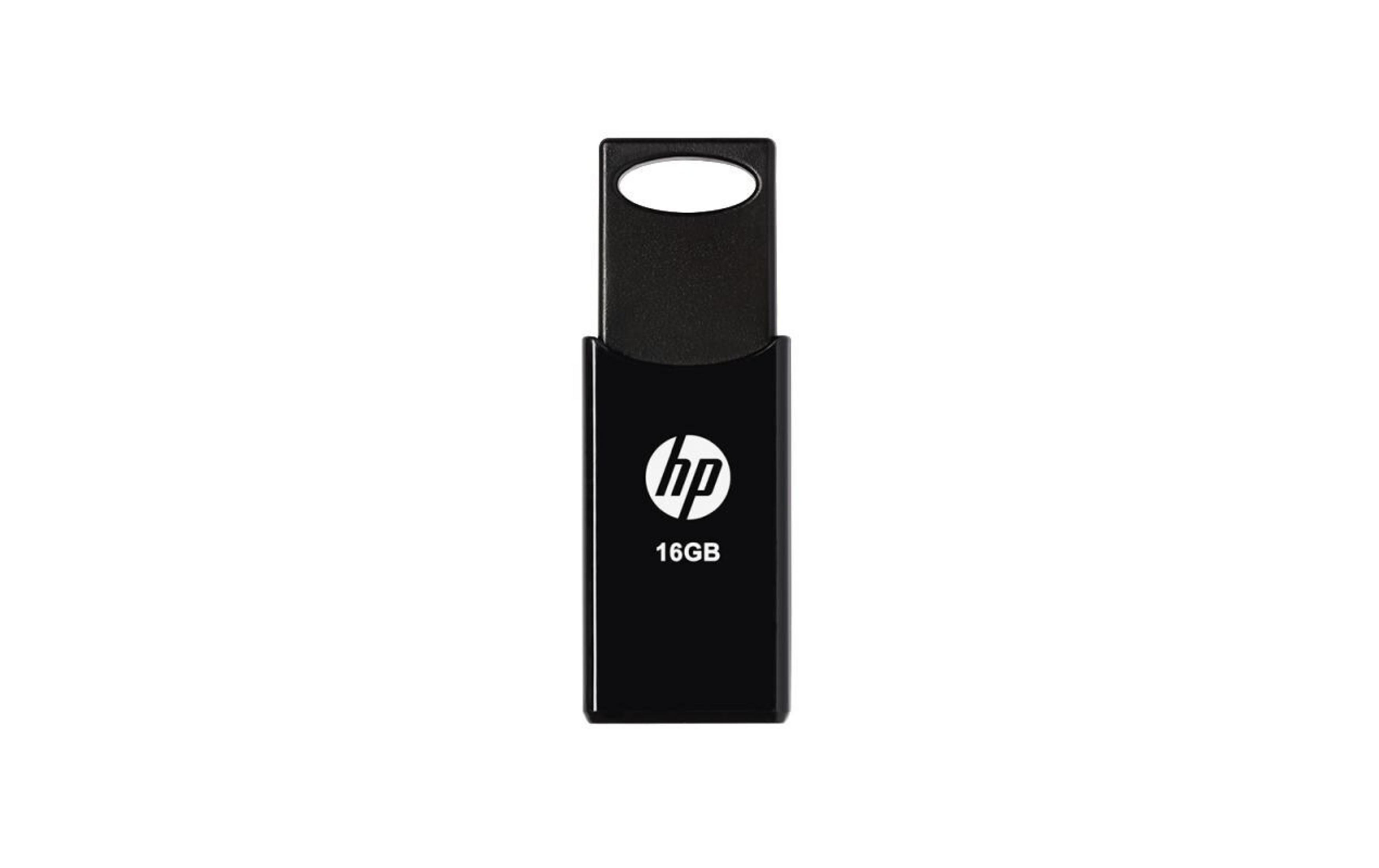 Memoria USB HP negra de 16 GB en vertical.