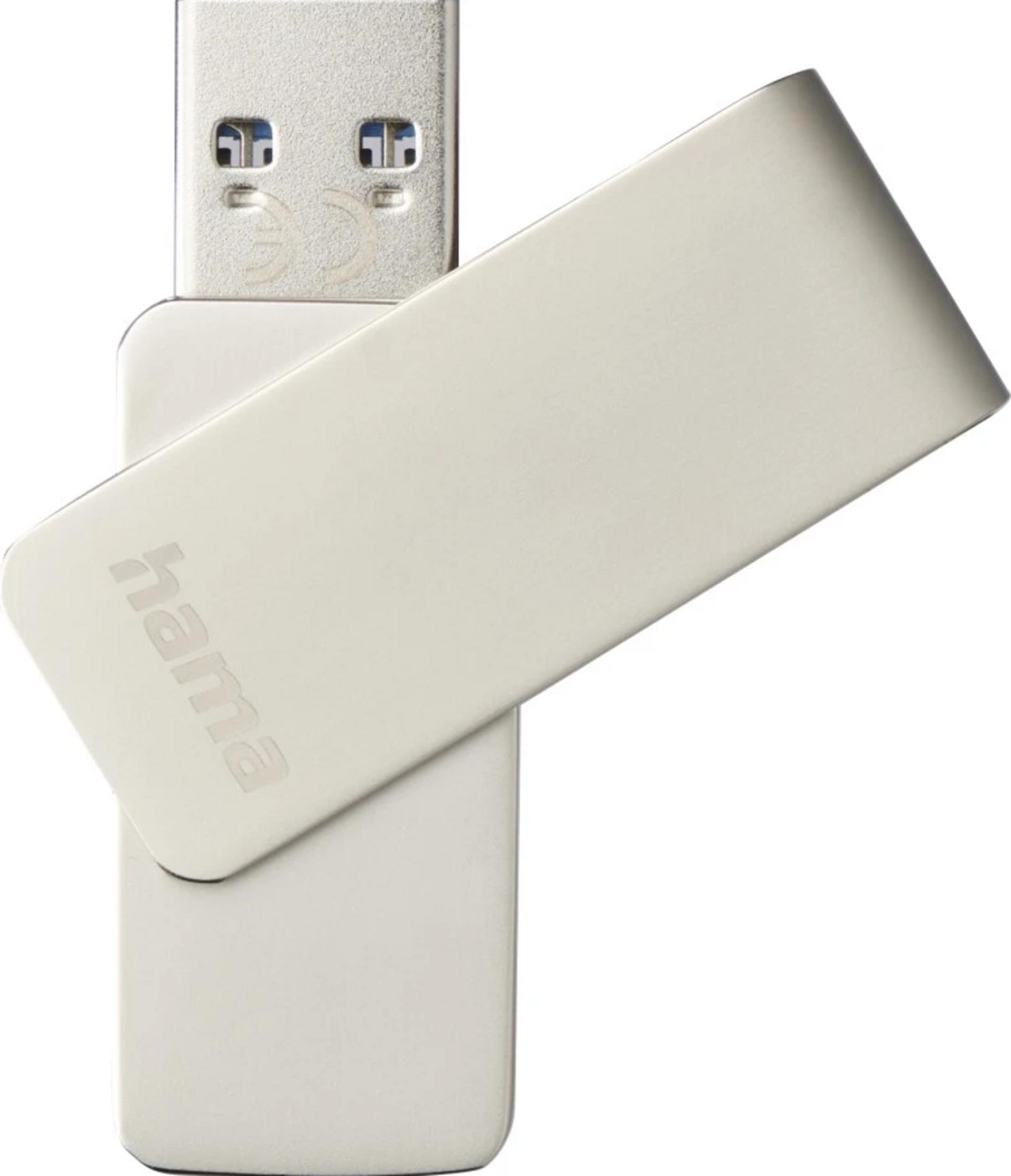 Biały pendrive z logo 'hama' na białym tle.