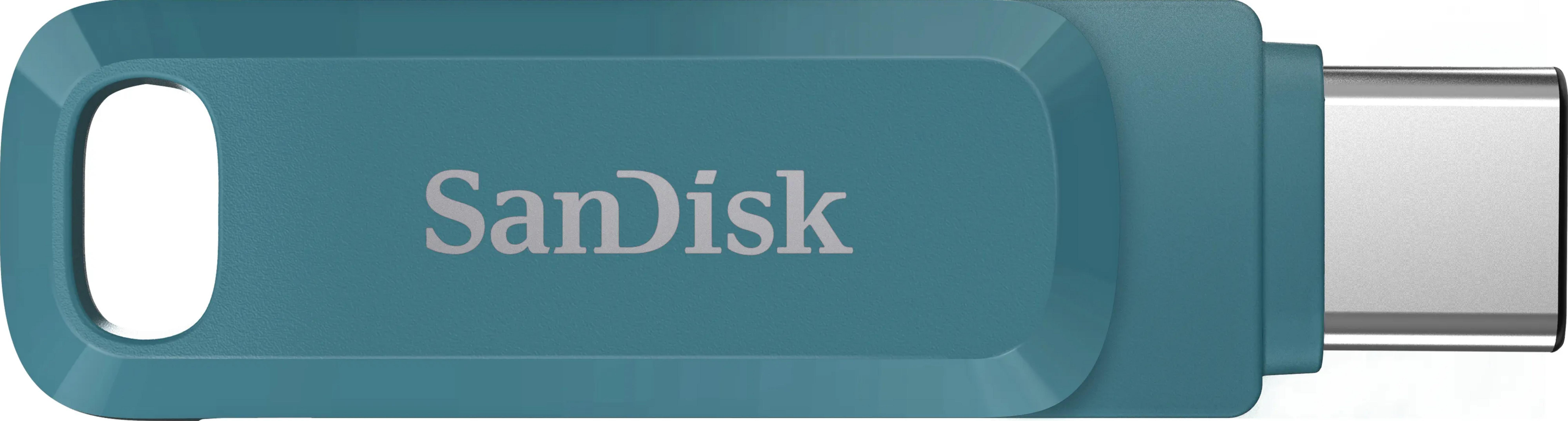 Niebieski pendrive SanDisk USB-C ze srebrnym złączem. Posiada otwór do mocowania.