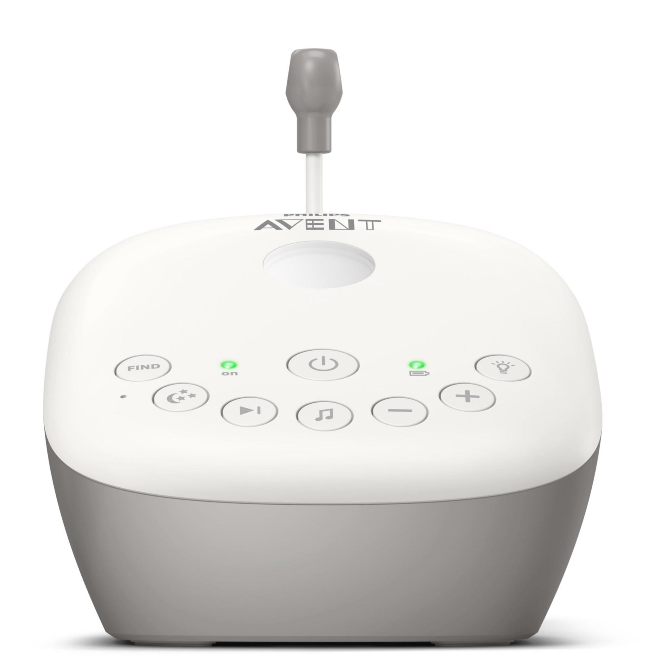 Ein weißer Philips Avent Babyphone-Sender mit grauen Bedienelementen und Antenne.