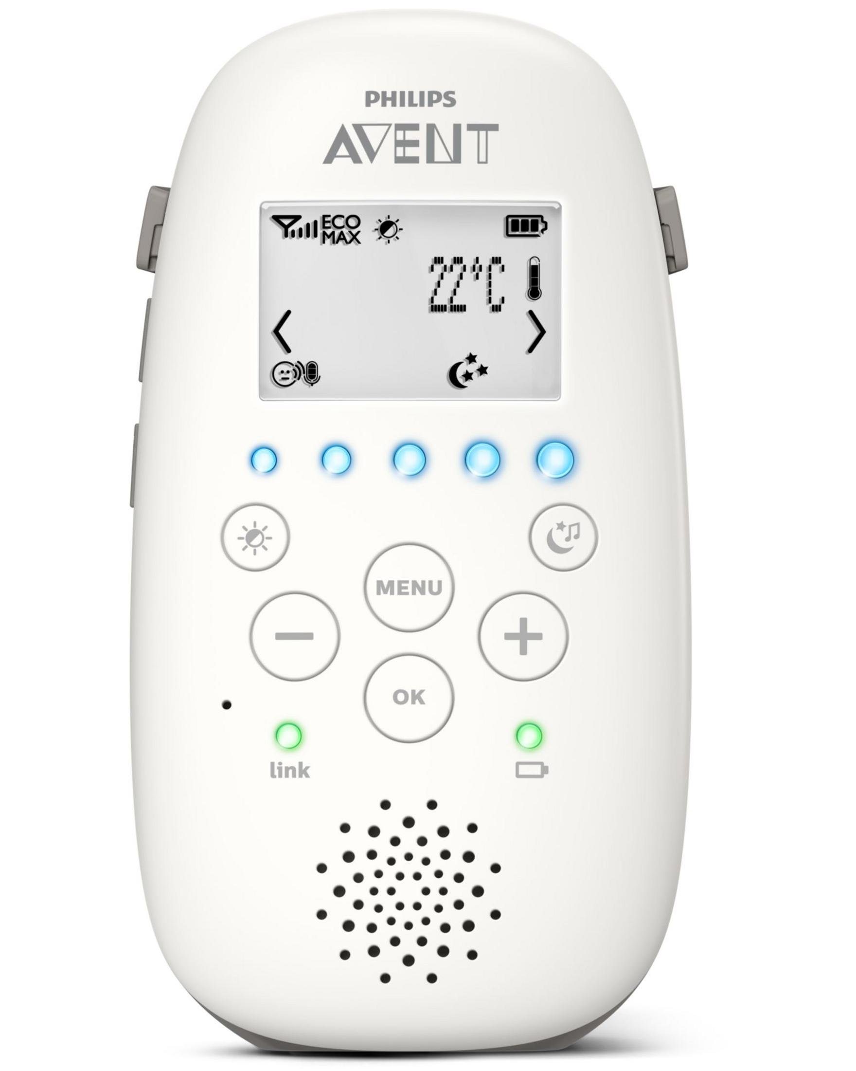 Ein weißes Philips Avent Babyphone mit Bildschirm zeigt 22 Grad und eine Batterieanzeige.