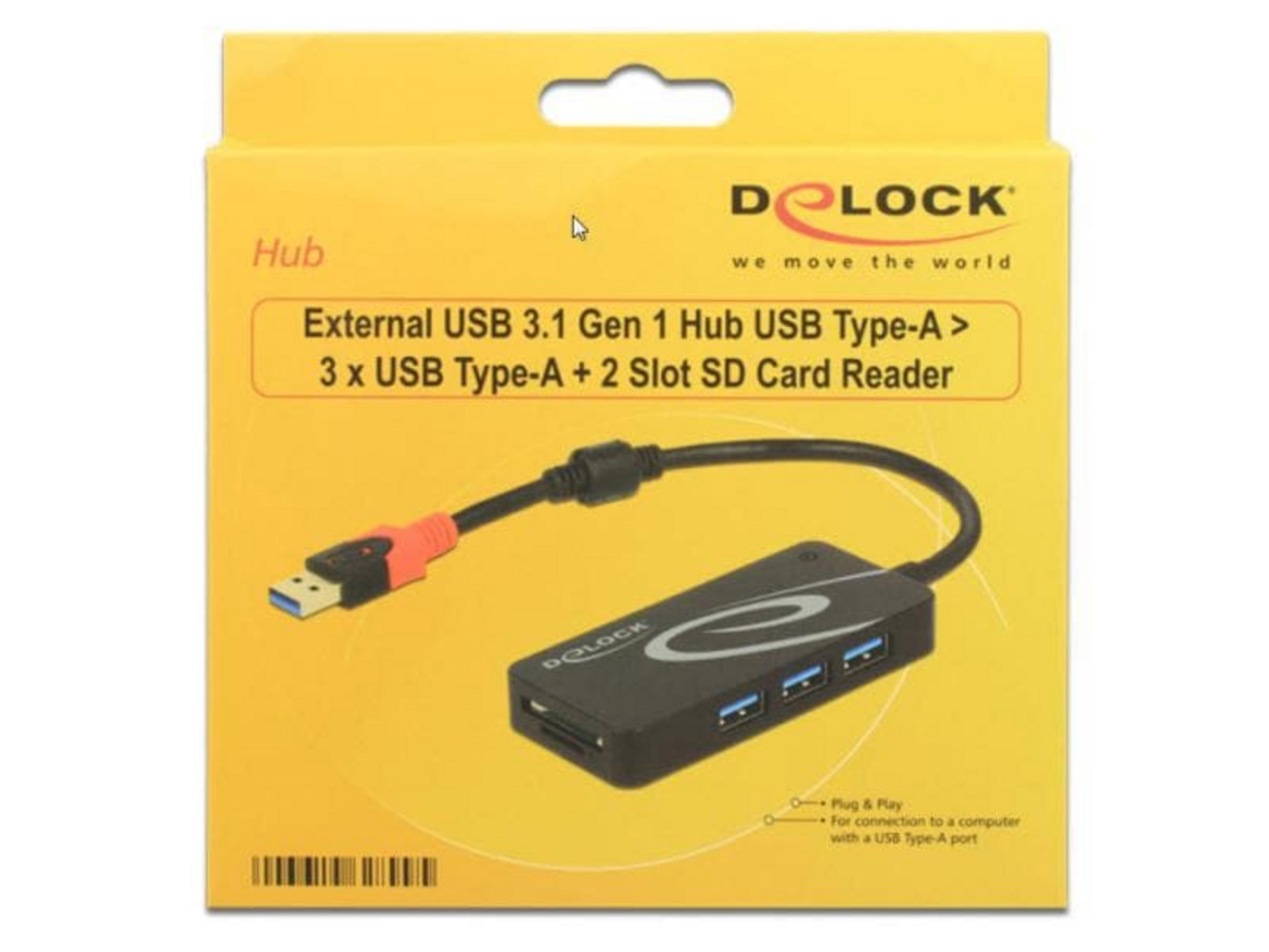 Ein schwarzer USB-Hub mit drei Anschlüssen und SD-Kartenleser auf gelbem Karton.