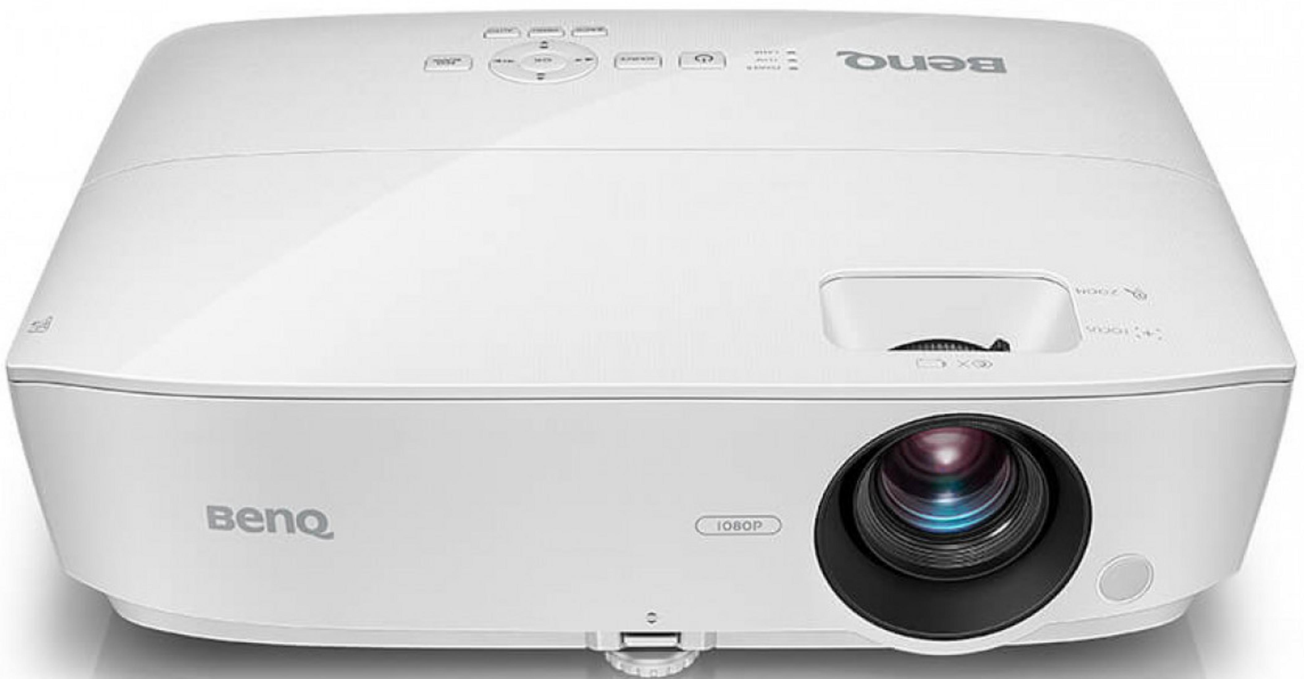 Ein weißer BenQ Projektor mit Linse und Knöpfen auf der Oberseite.