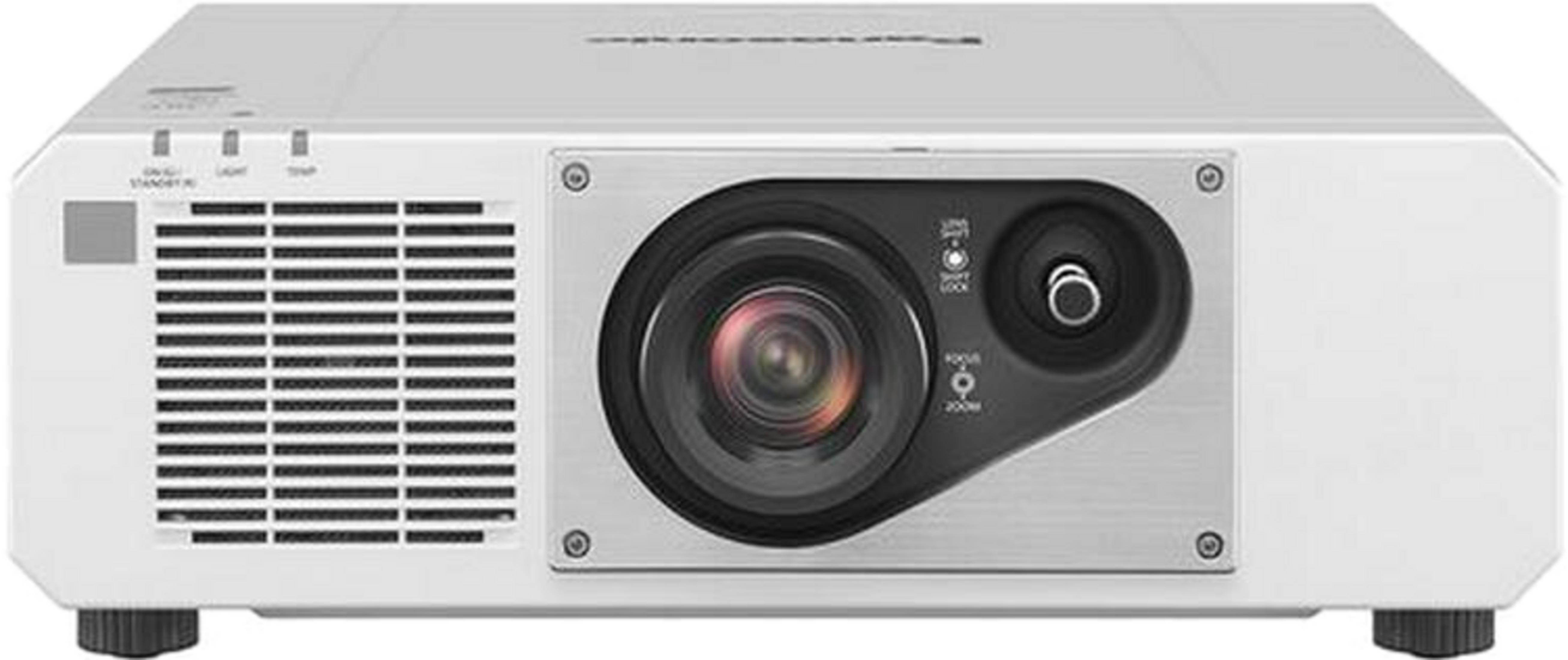 Un projecteur blanc avec objectif central, grilles de ventilation et boutons de commande.