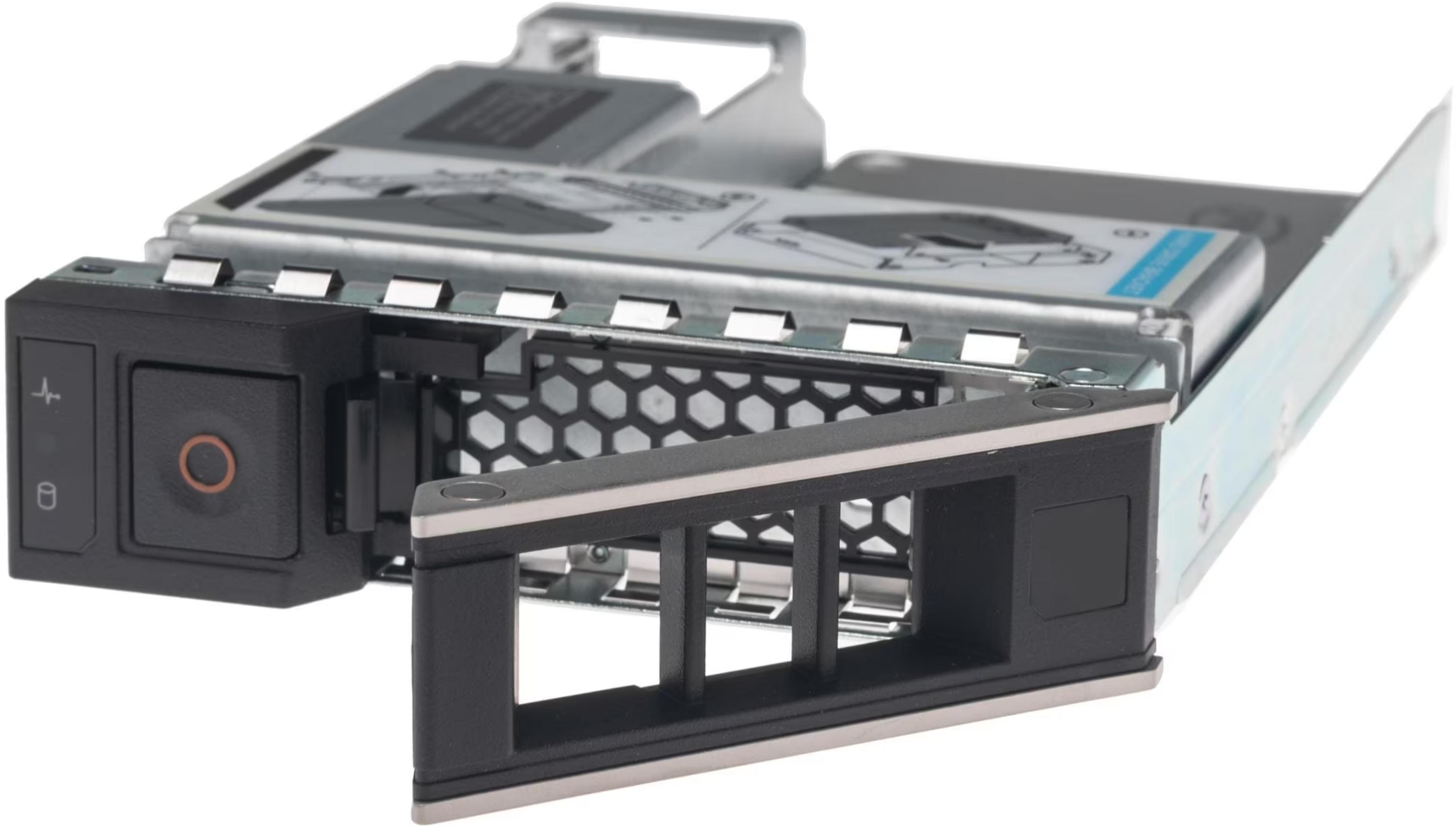 Un carrello per hard disk del server nero con telaio in metallo argentato e pannello di controllo.