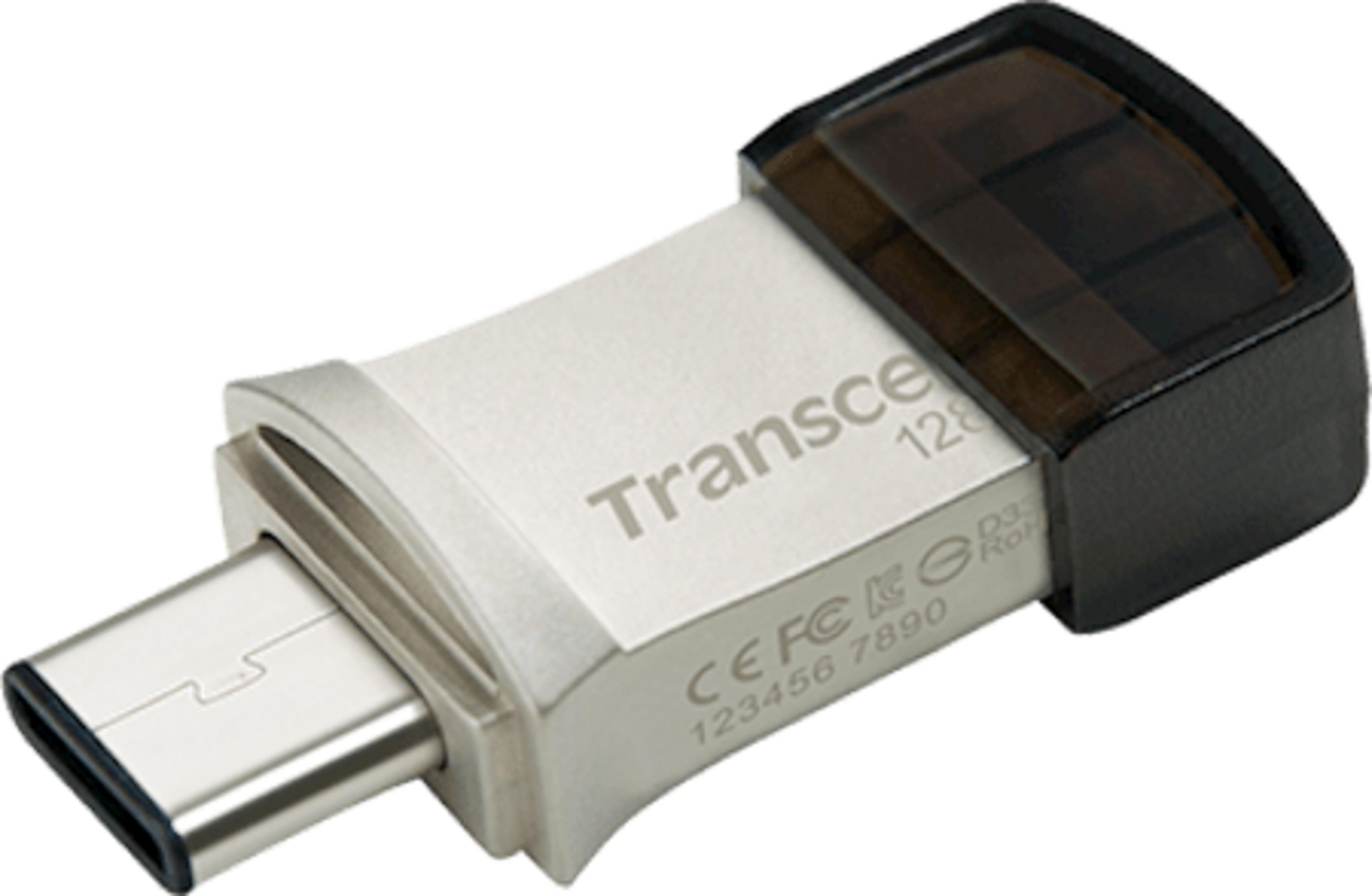 Srebrny pendrive USB-C z czarną nasadką, 128 GB.
