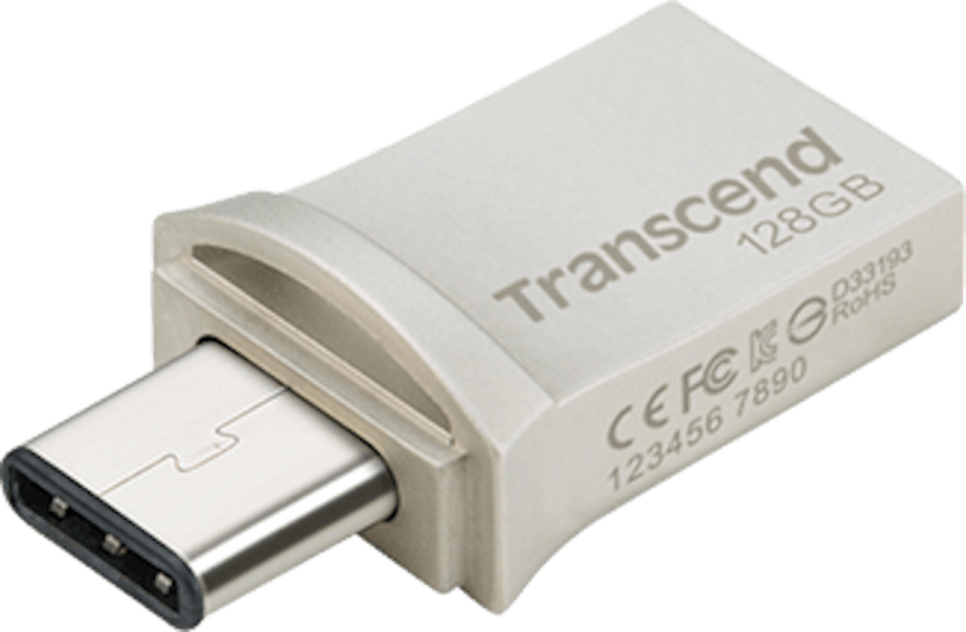 Srebrny pendrive USB-C Transcend 128 GB.