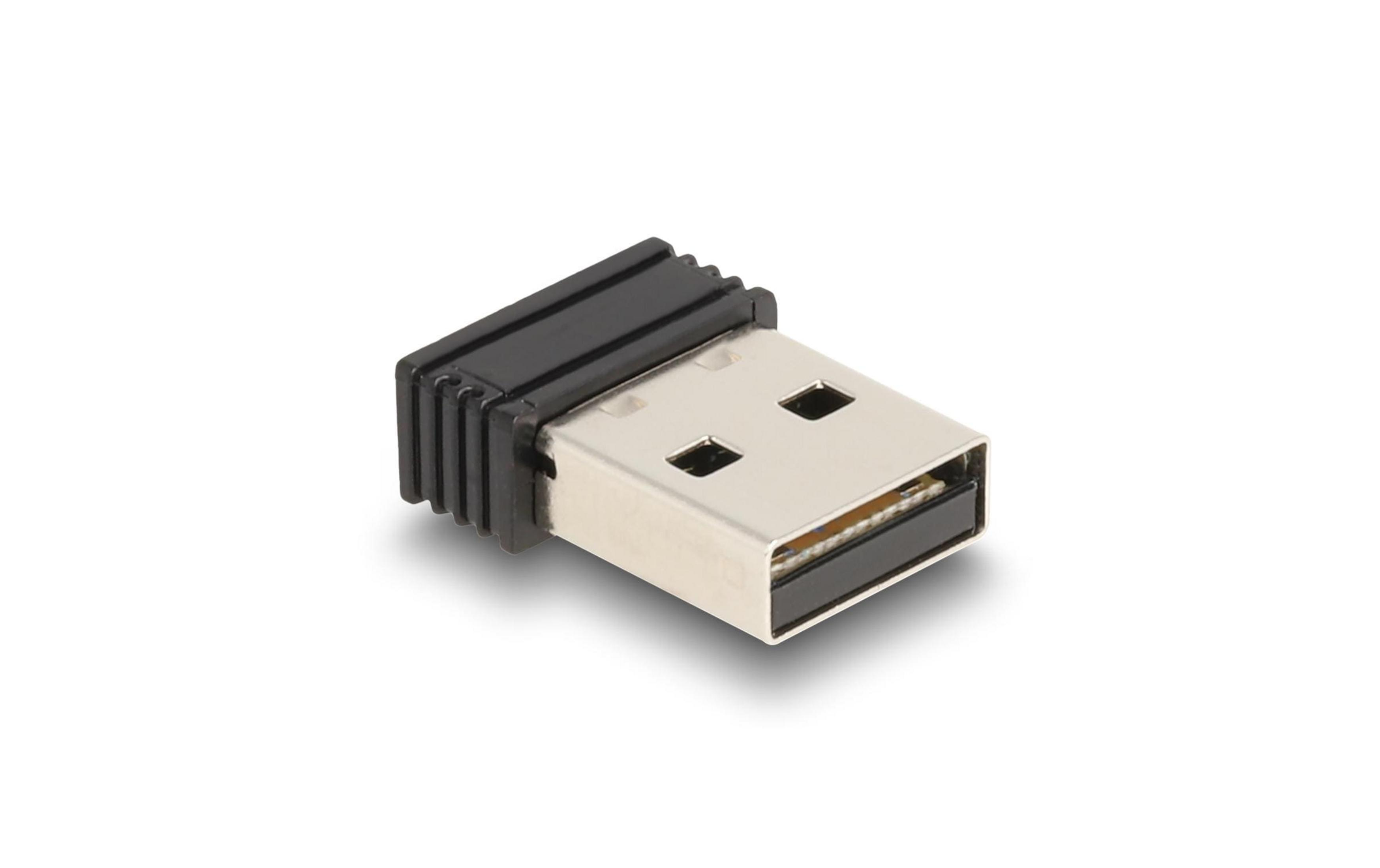 Un piccolo adattatore USB nero e argento su sfondo bianco.
