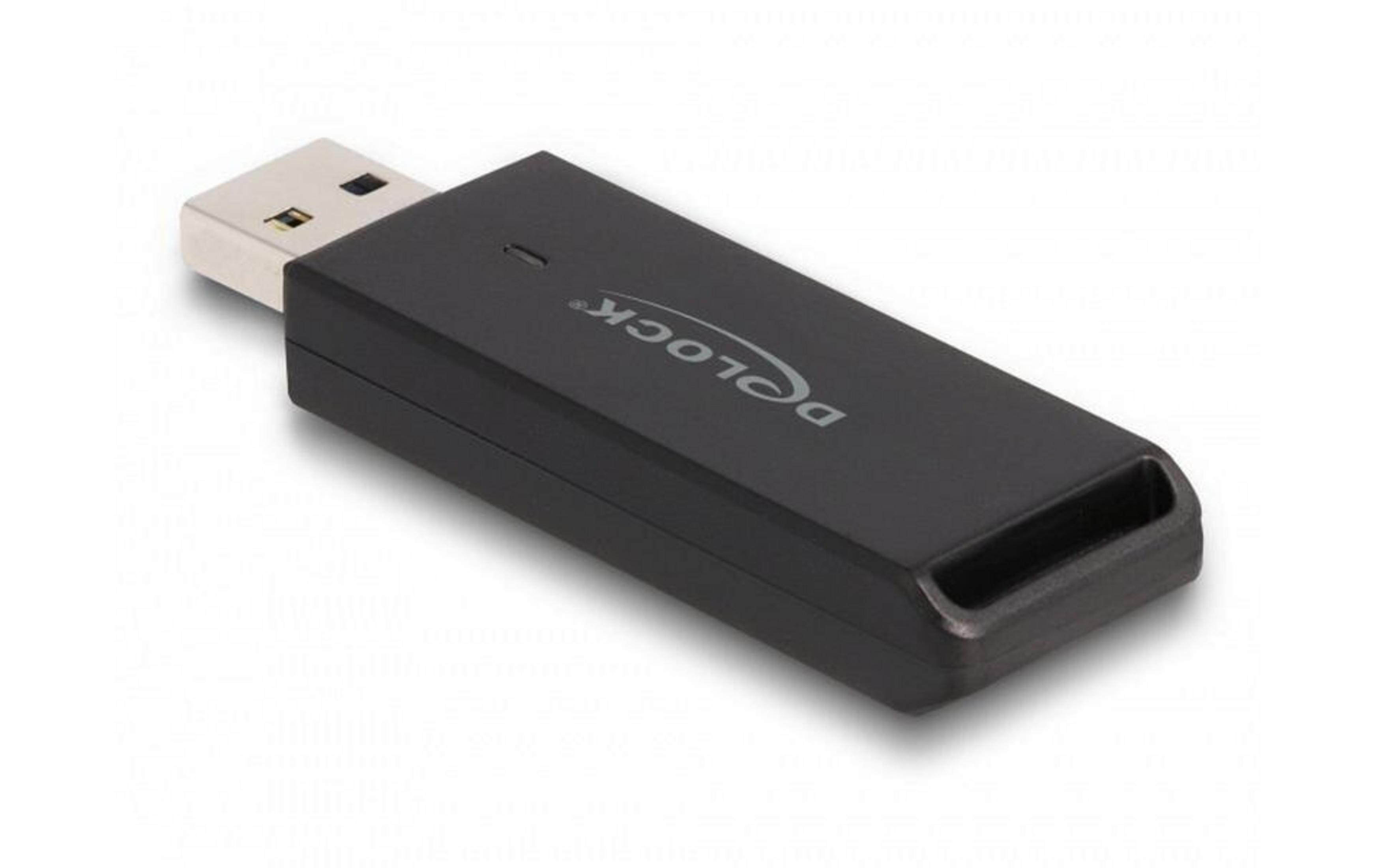 Adattatore USB nero con connettore argentato, logo in alto.
