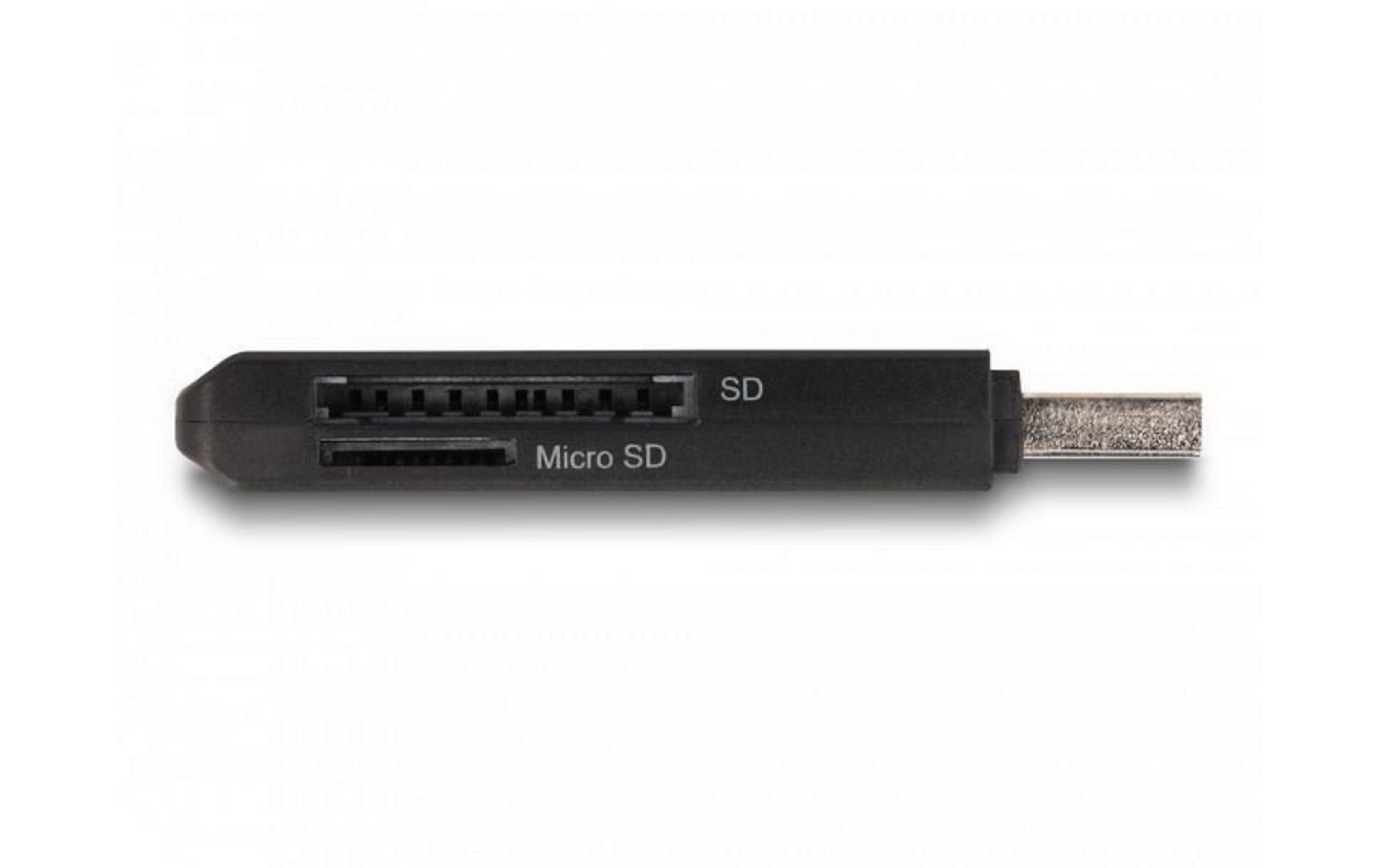 Un lettore di schede SD nero con slot SD e Micro SD.