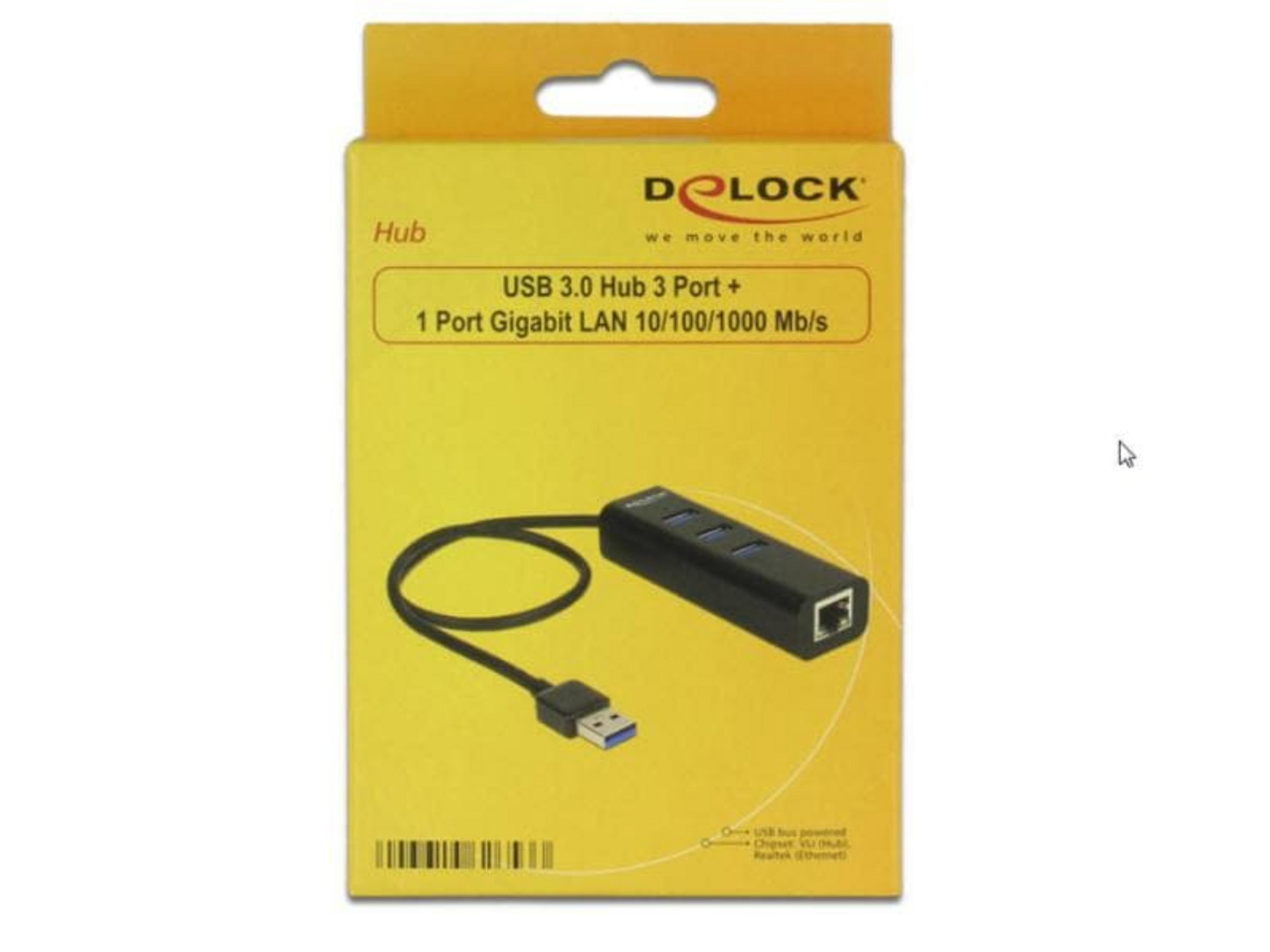 Schwarzer USB 3.0 Hub mit 3 Ports und 1 Gigabit LAN-Port auf gelber Verpackung.