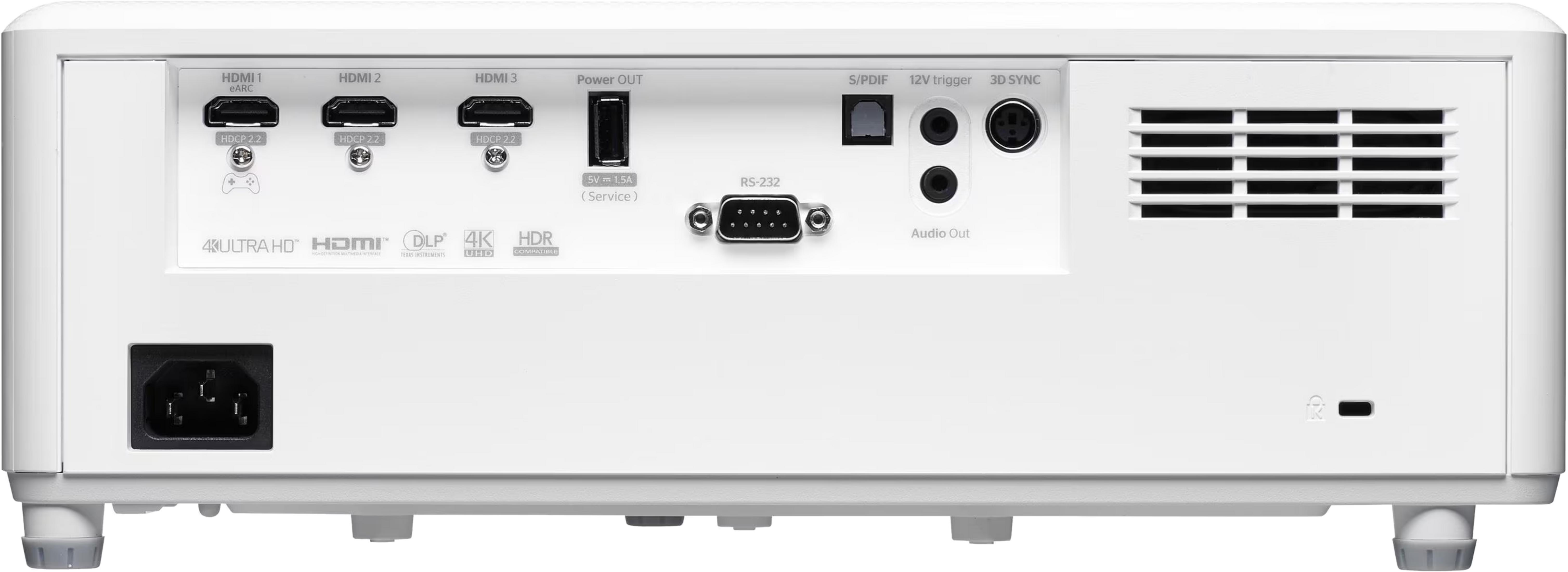 Retro di un proiettore bianco con porte: HDMI, USB, RS-232, S/PDIF, Uscita audio.