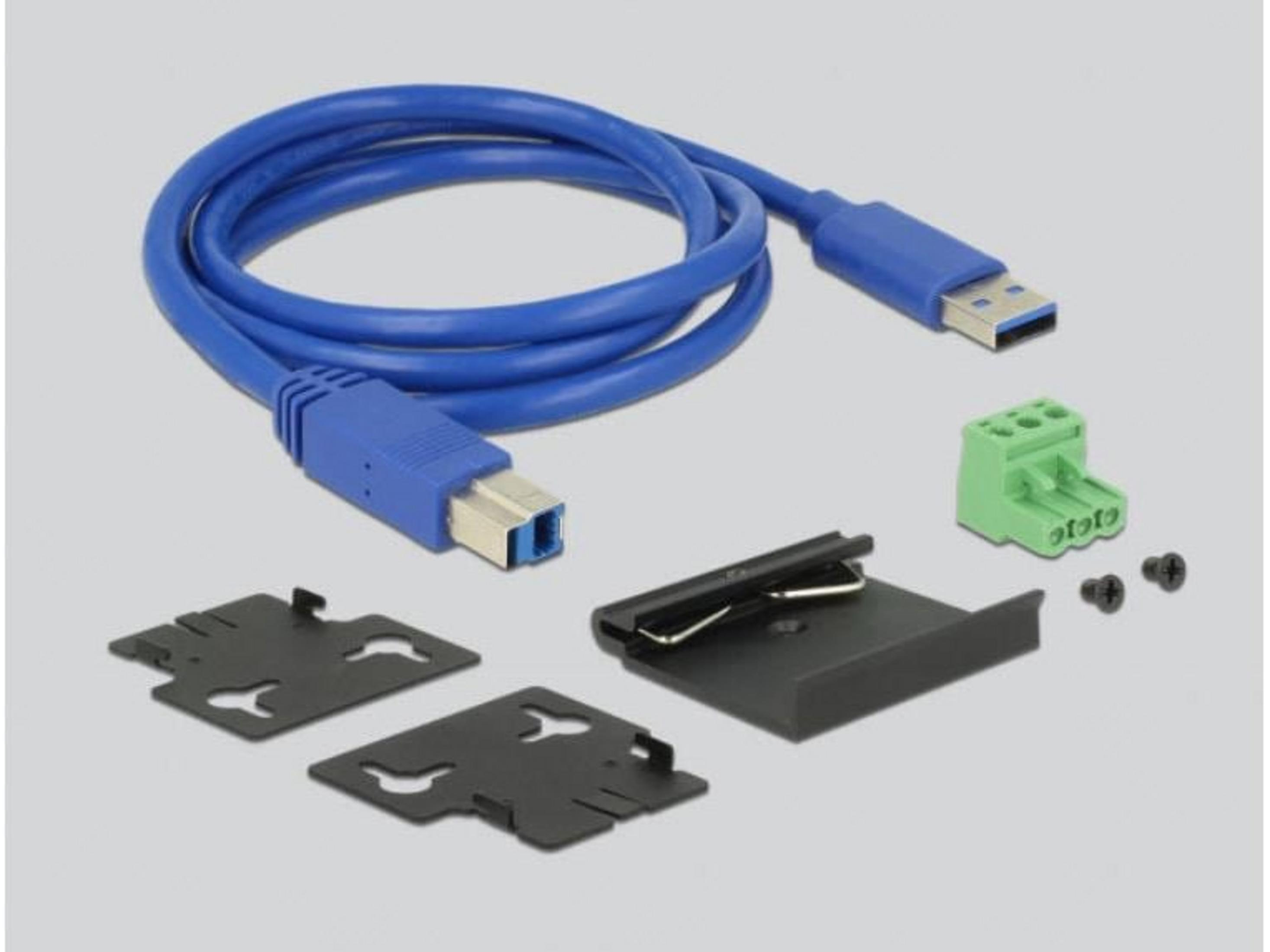 Blaues USB-Kabel mit Zubehör: Klemmenblock, Halterungen und Schrauben.