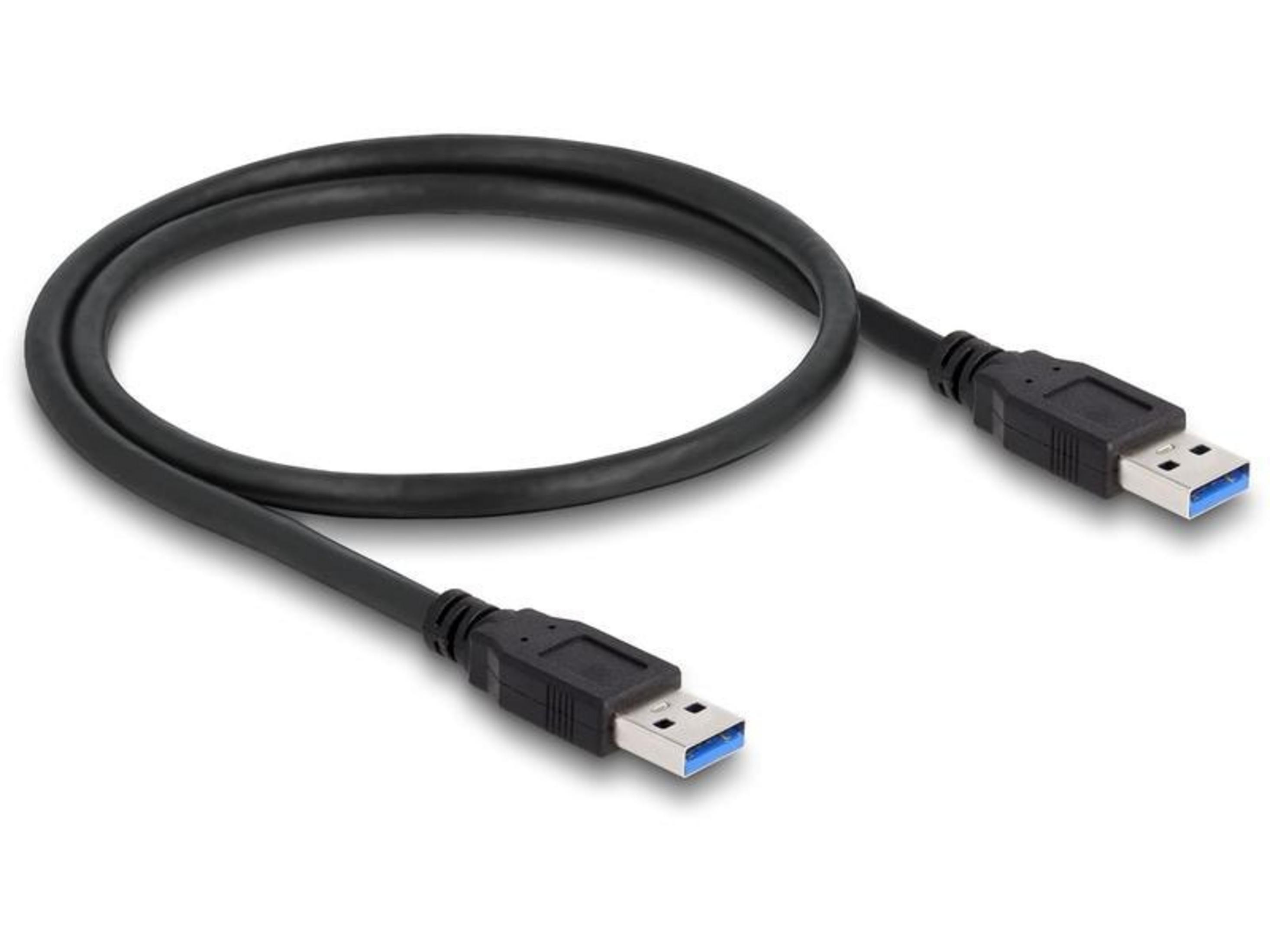 Ein schwarzes USB-3.0-Kabel mit zwei Anschlüssen auf weißem Hintergrund.