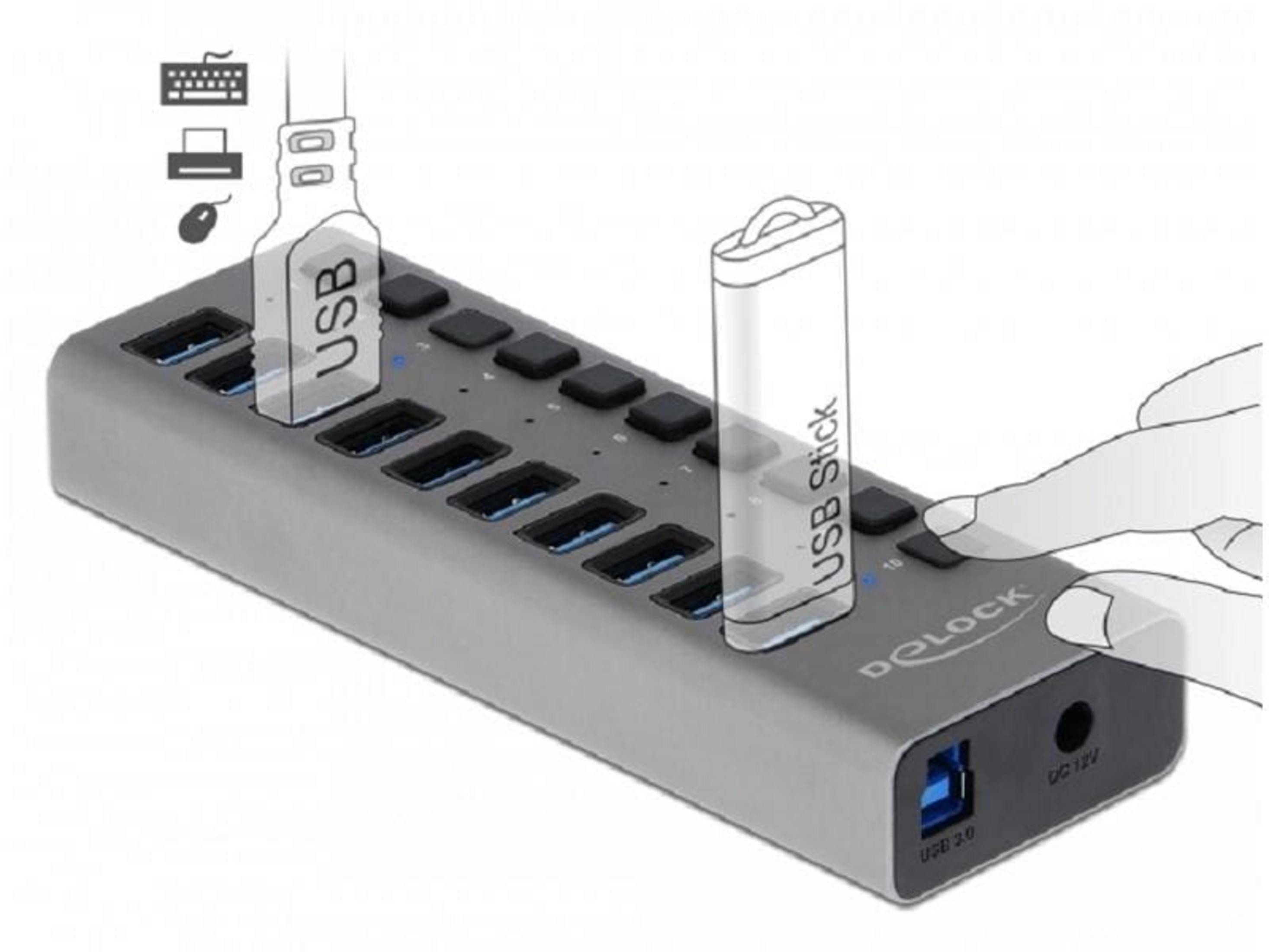 Un hub USB grigio con molte porte, una chiavetta USB e una mano.