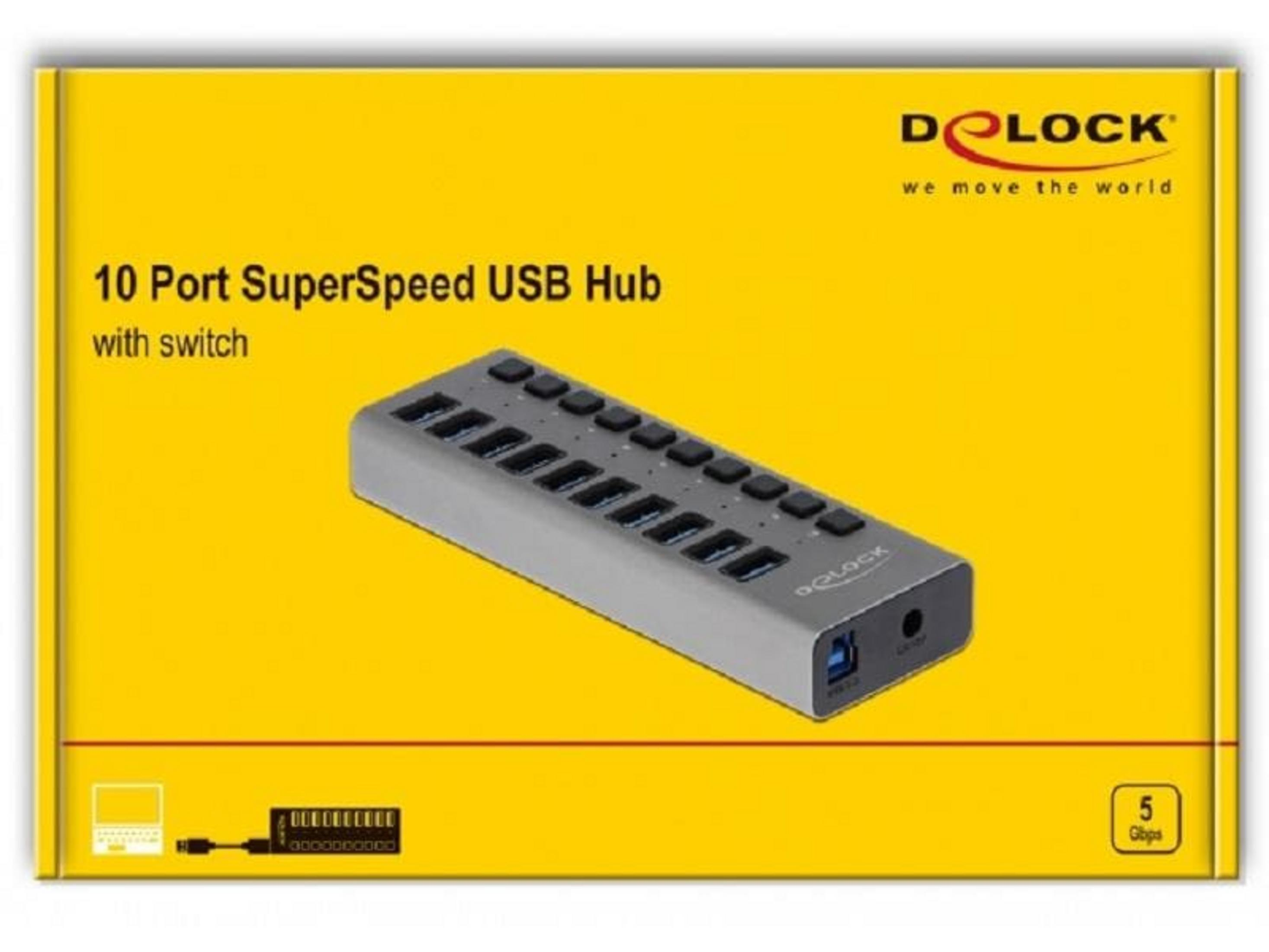 Hub USB grigio a 10 porte con interruttore e porta USB 3.0 blu.