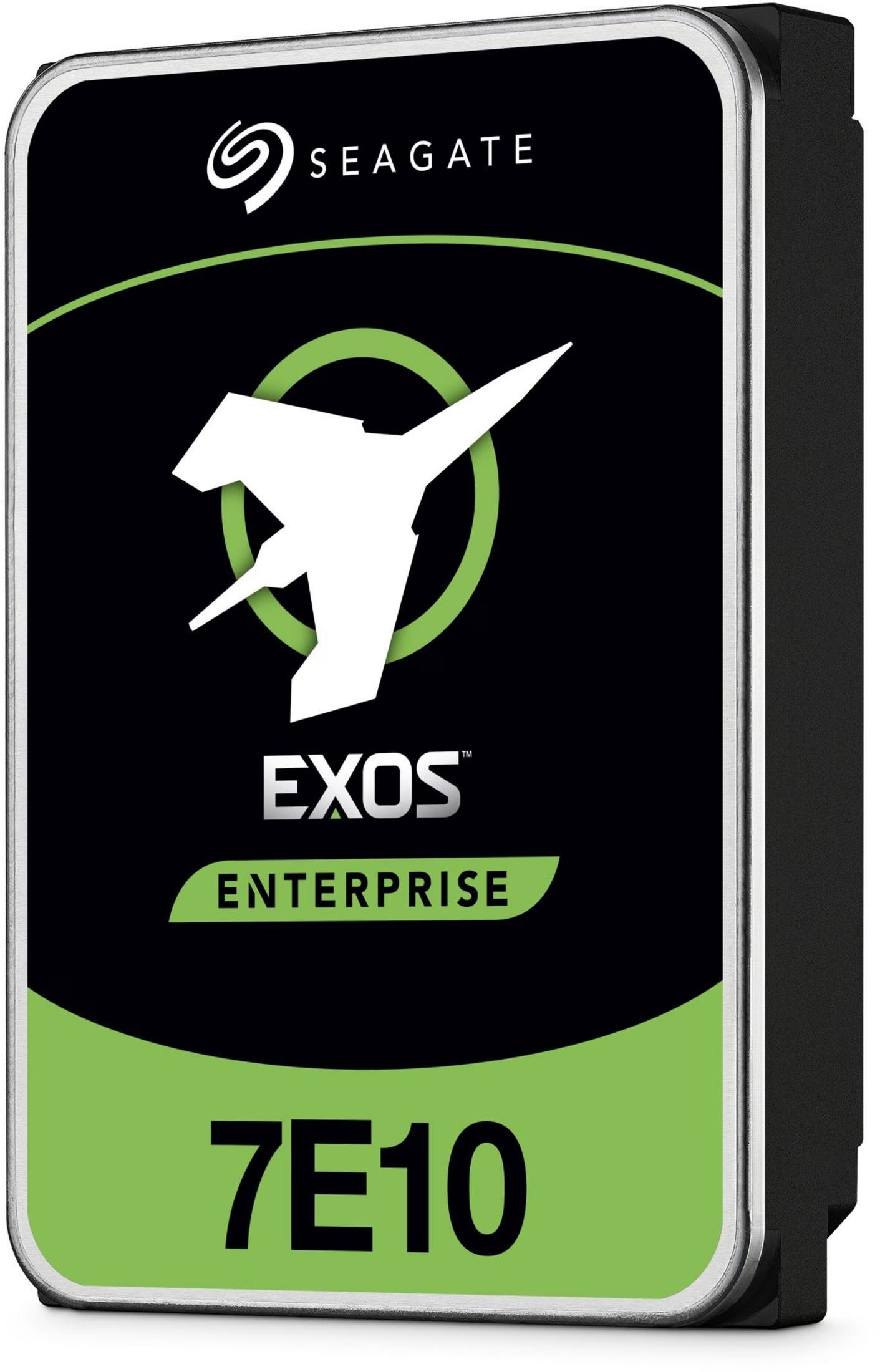 Dysk Seagate Exos Enterprise 7E10 z białym logo sokoła na czarnym tle.