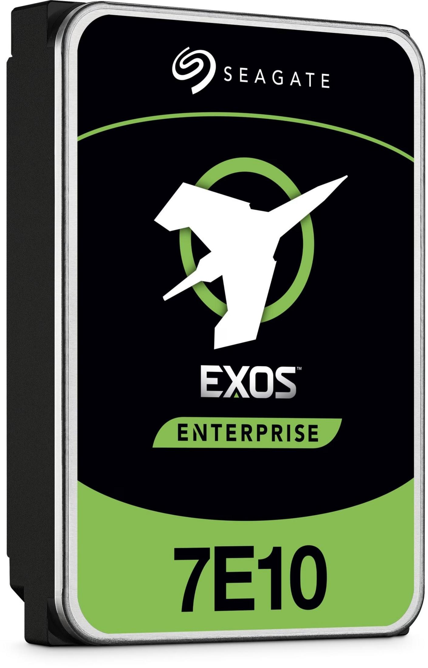 Dysk twardy Seagate Exos Enterprise 7E10 z białym symbolem odrzutowca na czarnym tle.