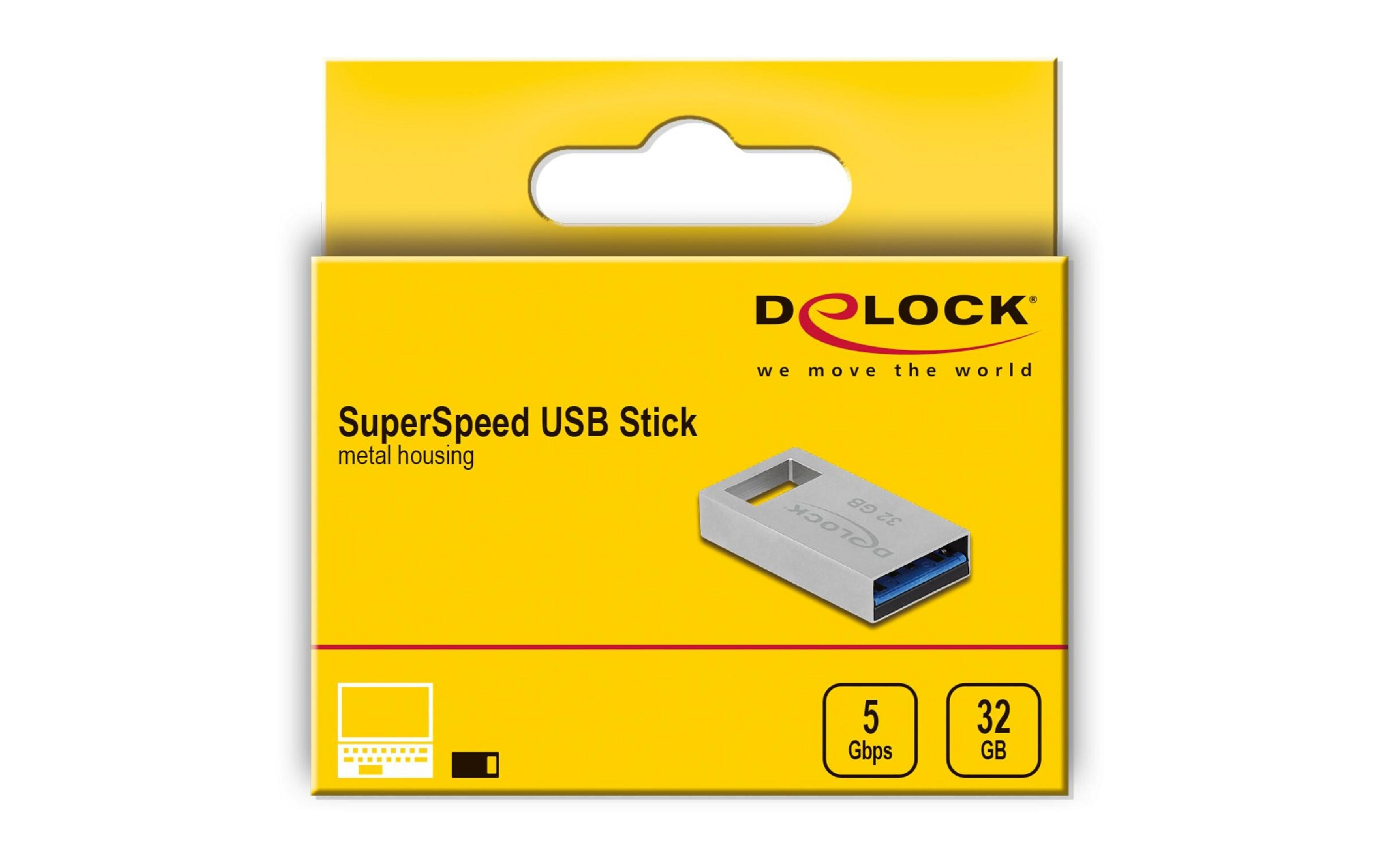Opakowanie srebrnego pendrive'a 32 GB z niebieskim złączem.