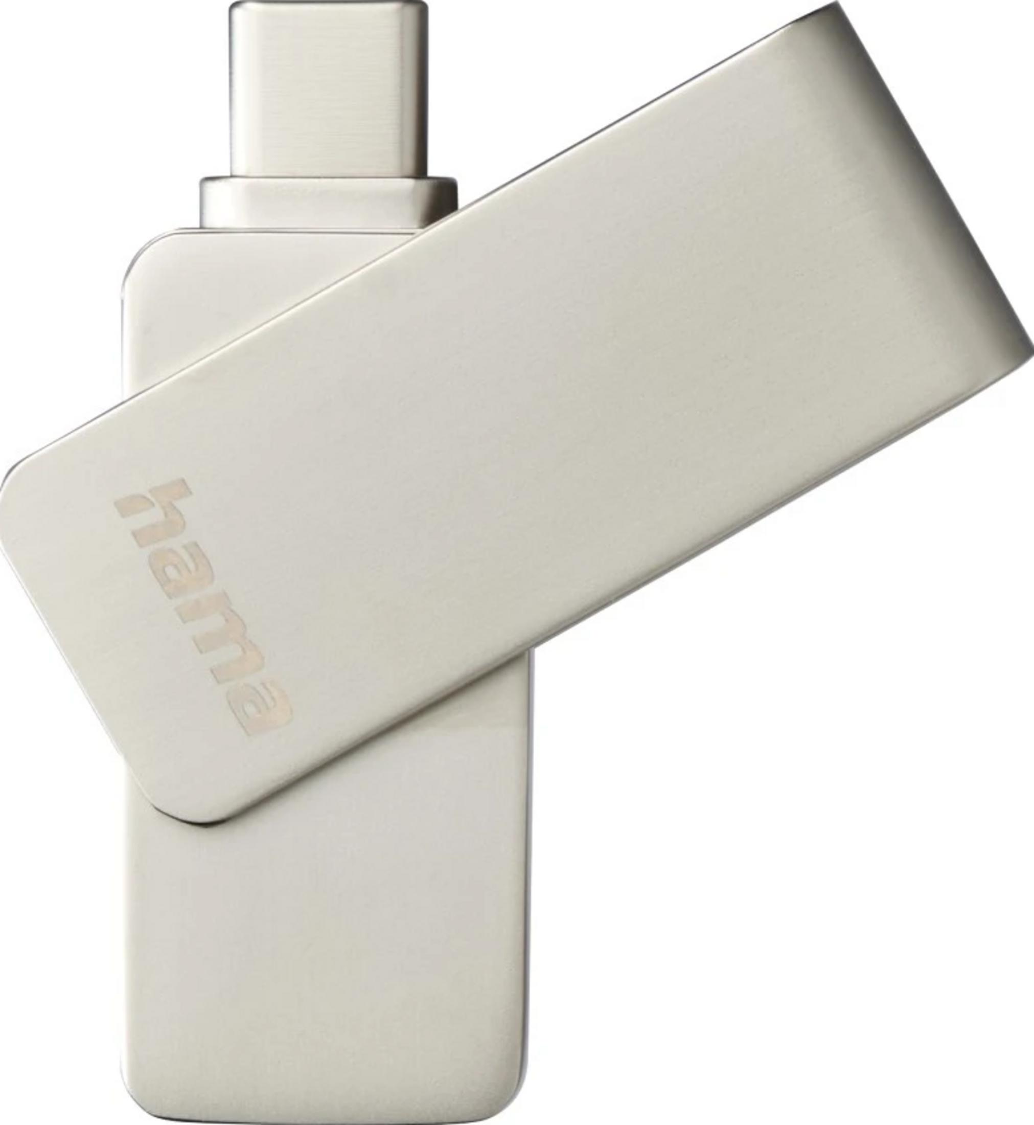 Przedstawiono srebrny pendrive z logo Hama.