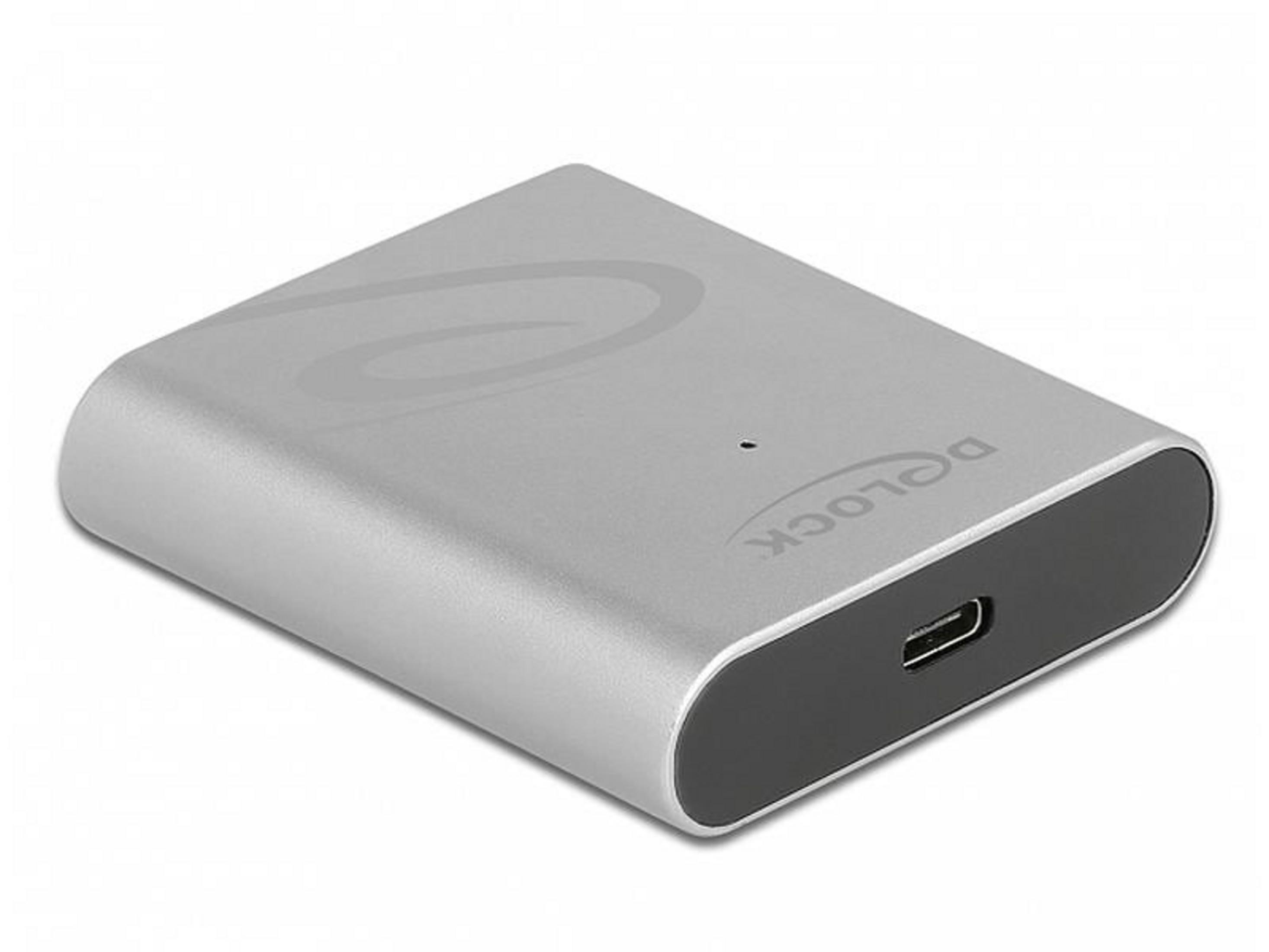 Un case argentato con porta USB-C e logo Delock.