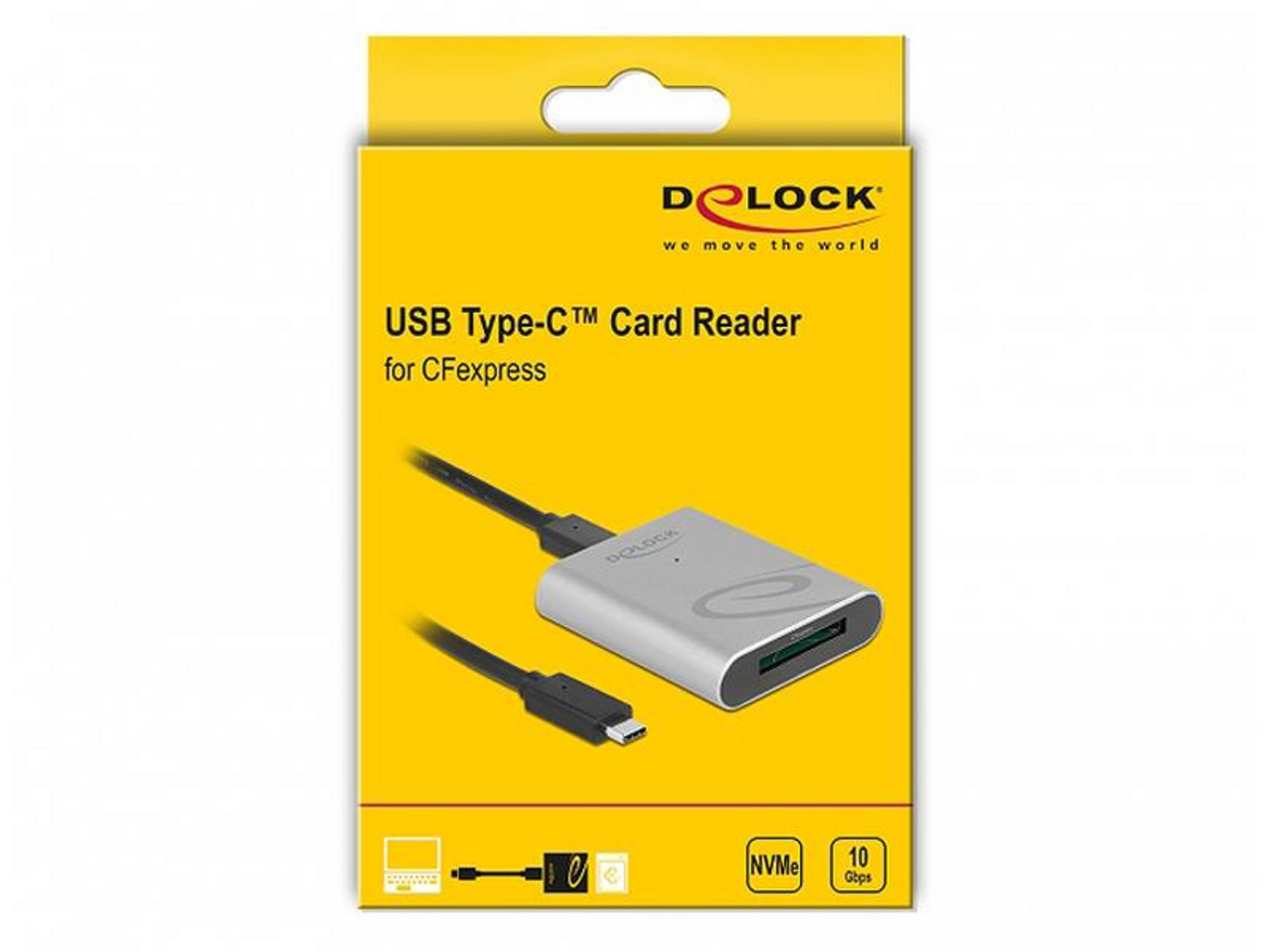 Confezione di un lettore di schede Delock USB-C per schede di memoria CFexpress.
