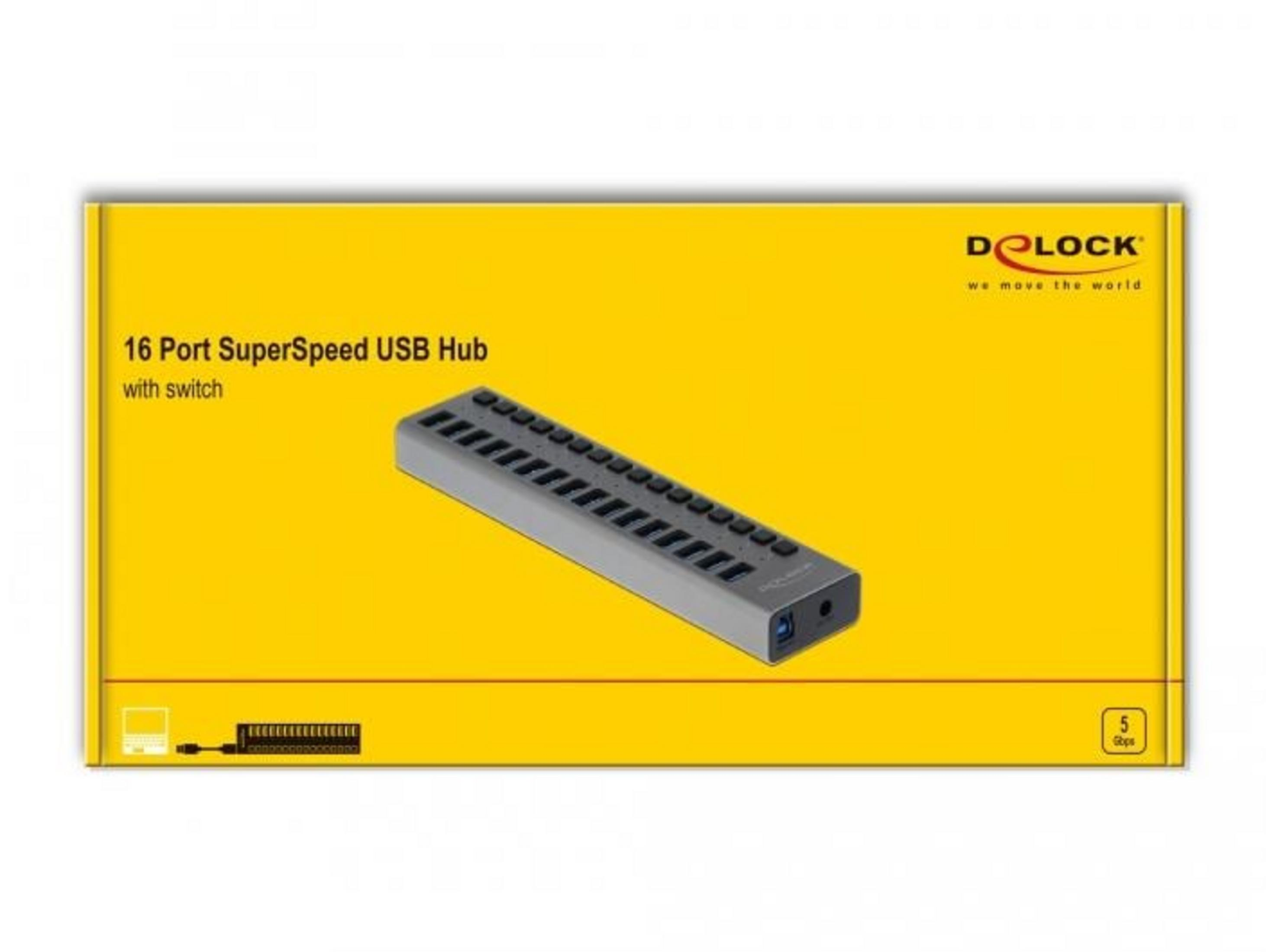 Ein silberner 16-Port-USB-Hub mit Schalter, auf gelbem Karton.