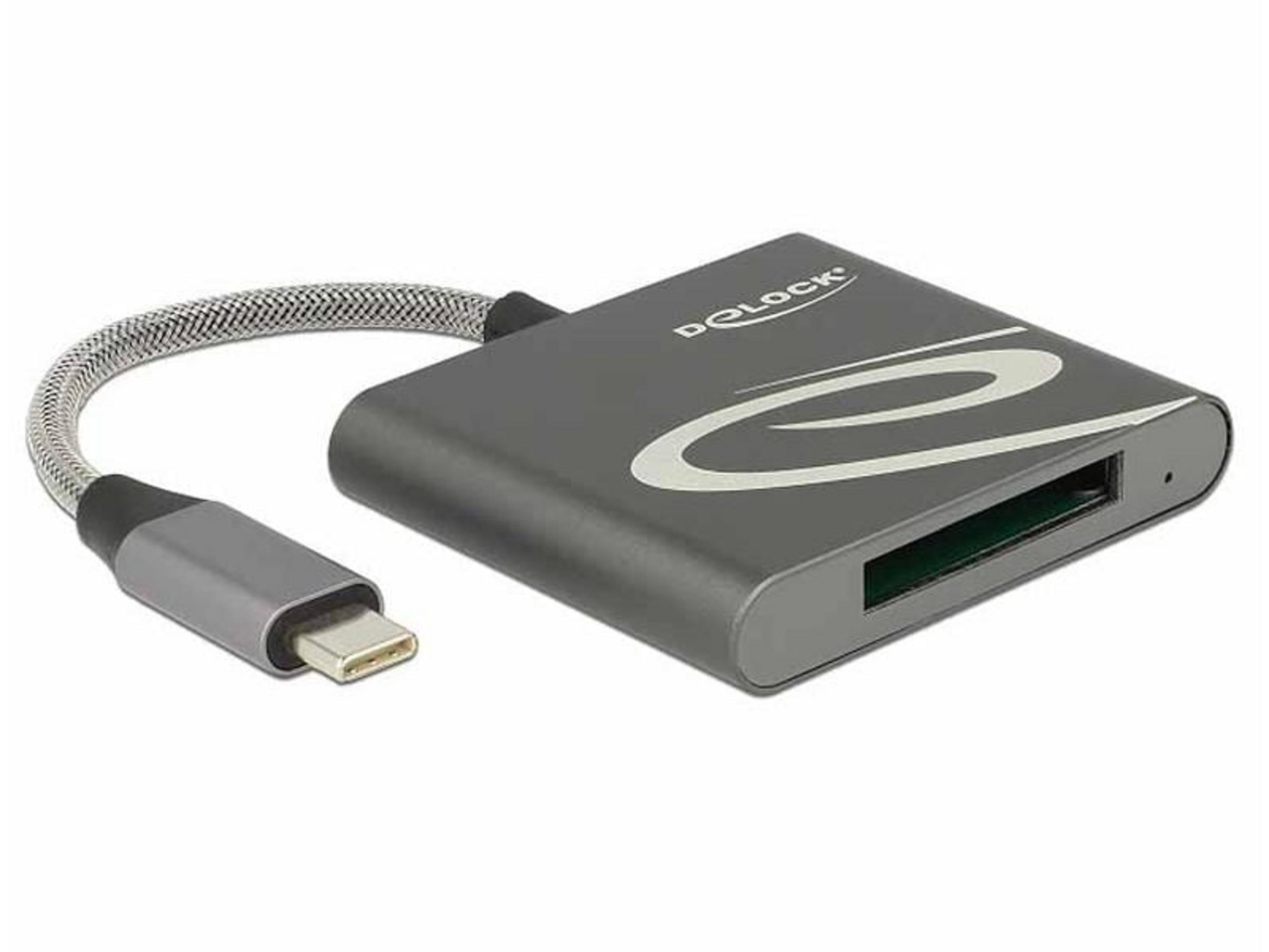 Grauer Kartenleser mit silbernem USB-C-Kabel und weißem Logo.