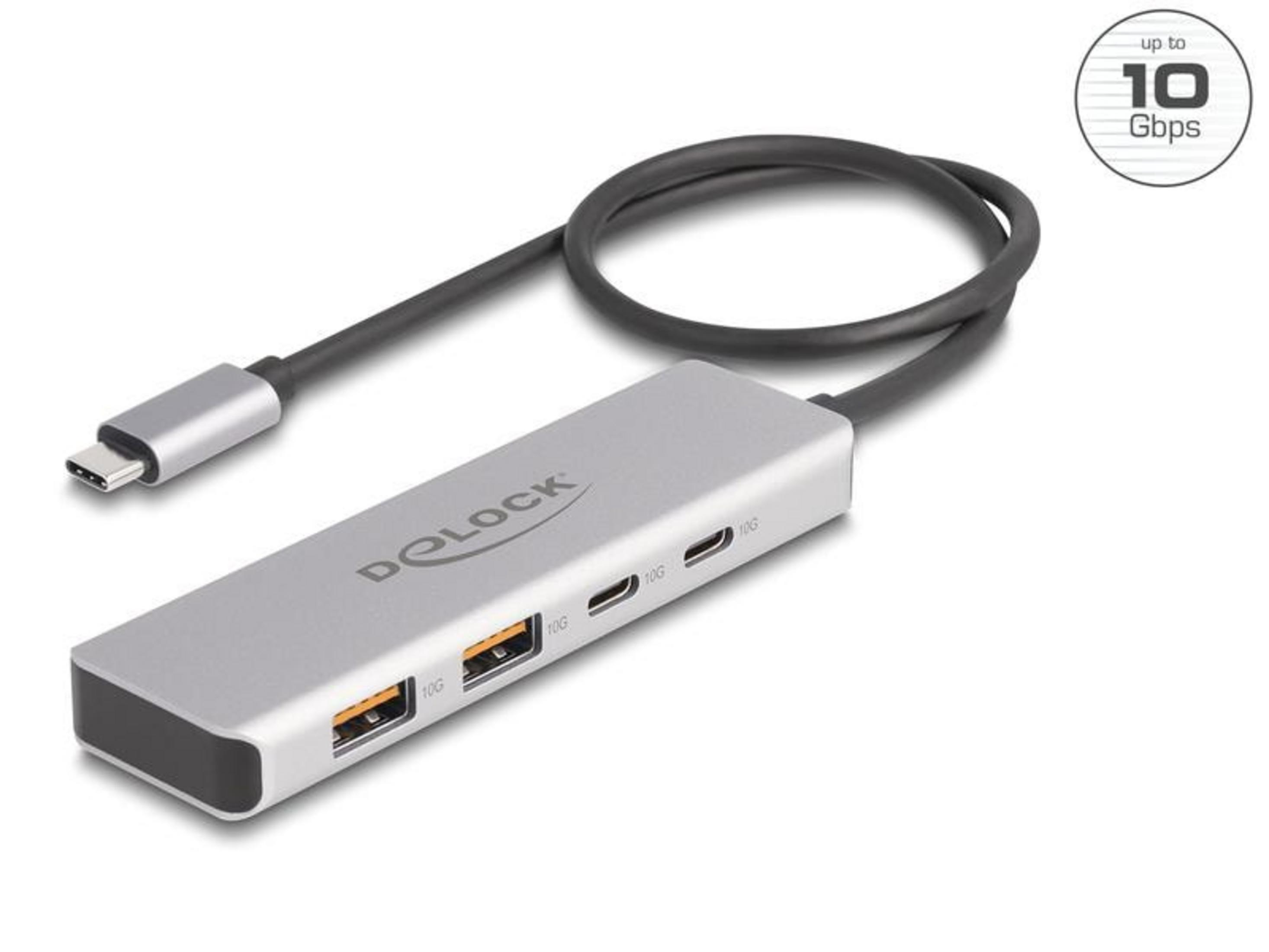Silberner USB-C-Hub mit Kabel, zwei USB-A-Ports und zwei USB-C-Ports.