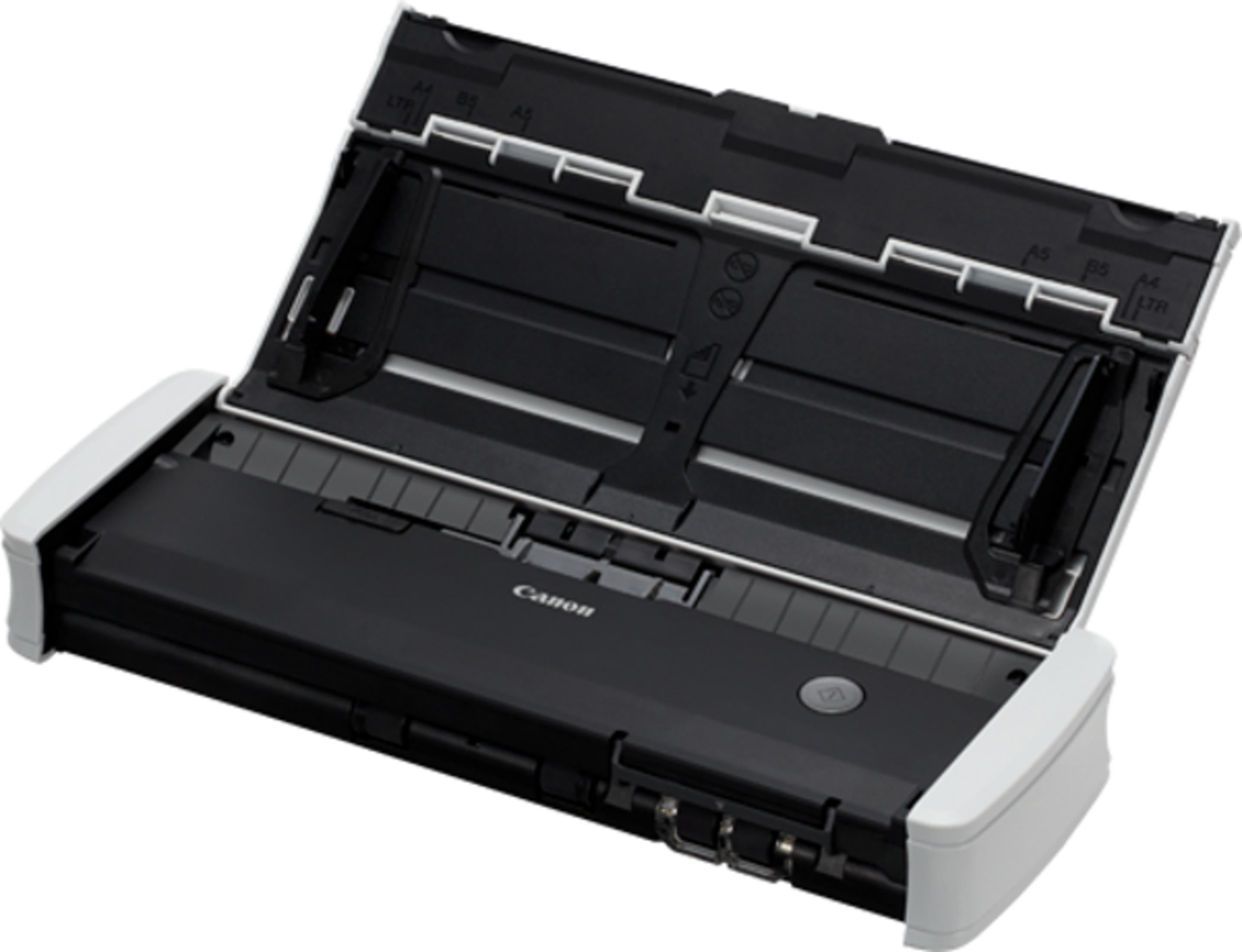 Otwarty, czarny skaner dokumentów Canon z białymi bokami.