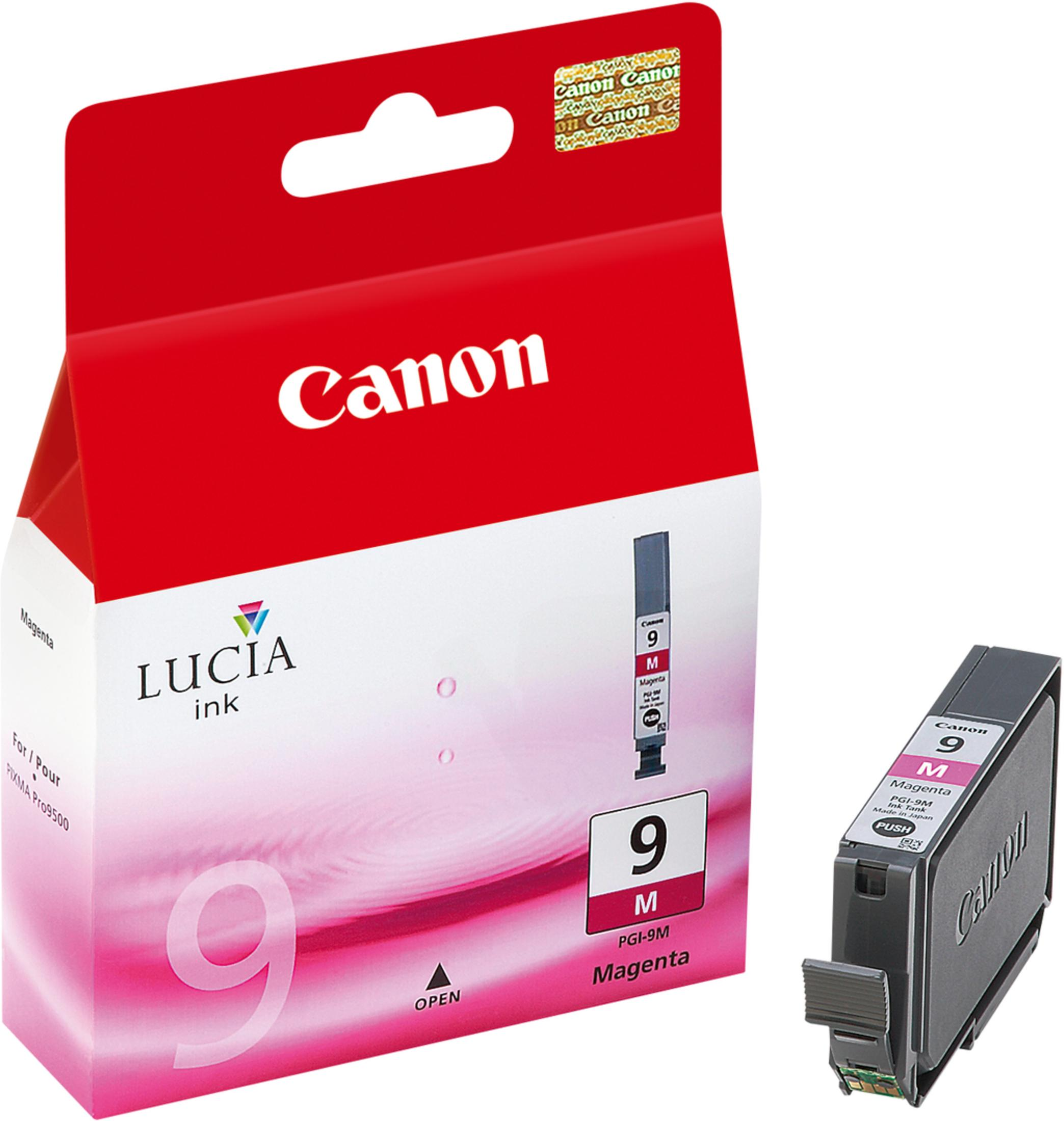 Una scatola di cartucce d'inchiostro Canon rossa con una cartuccia magenta.