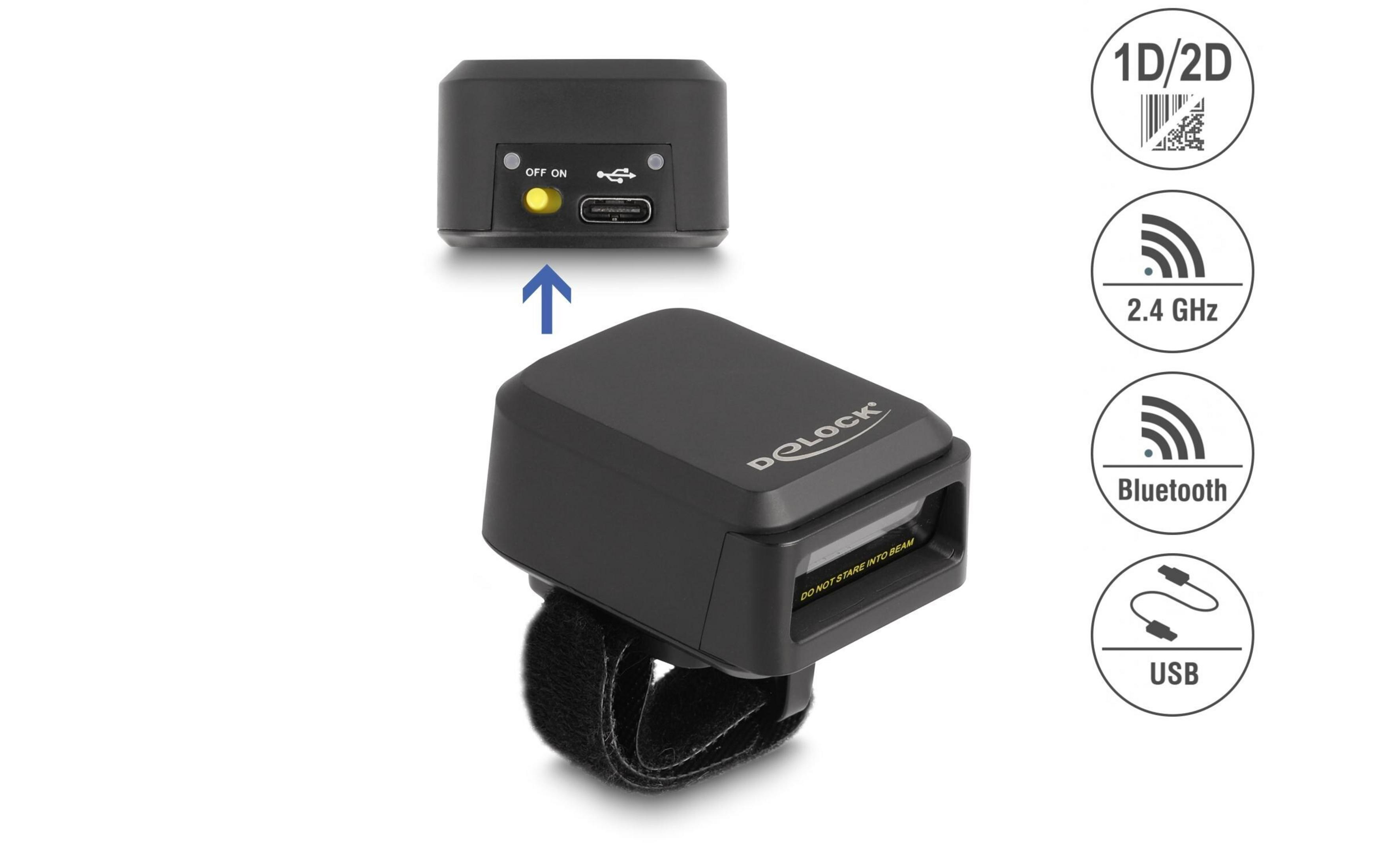 Scanner ad anello nero con icone per 1D/2D, 2,4 GHz, Bluetooth e USB.