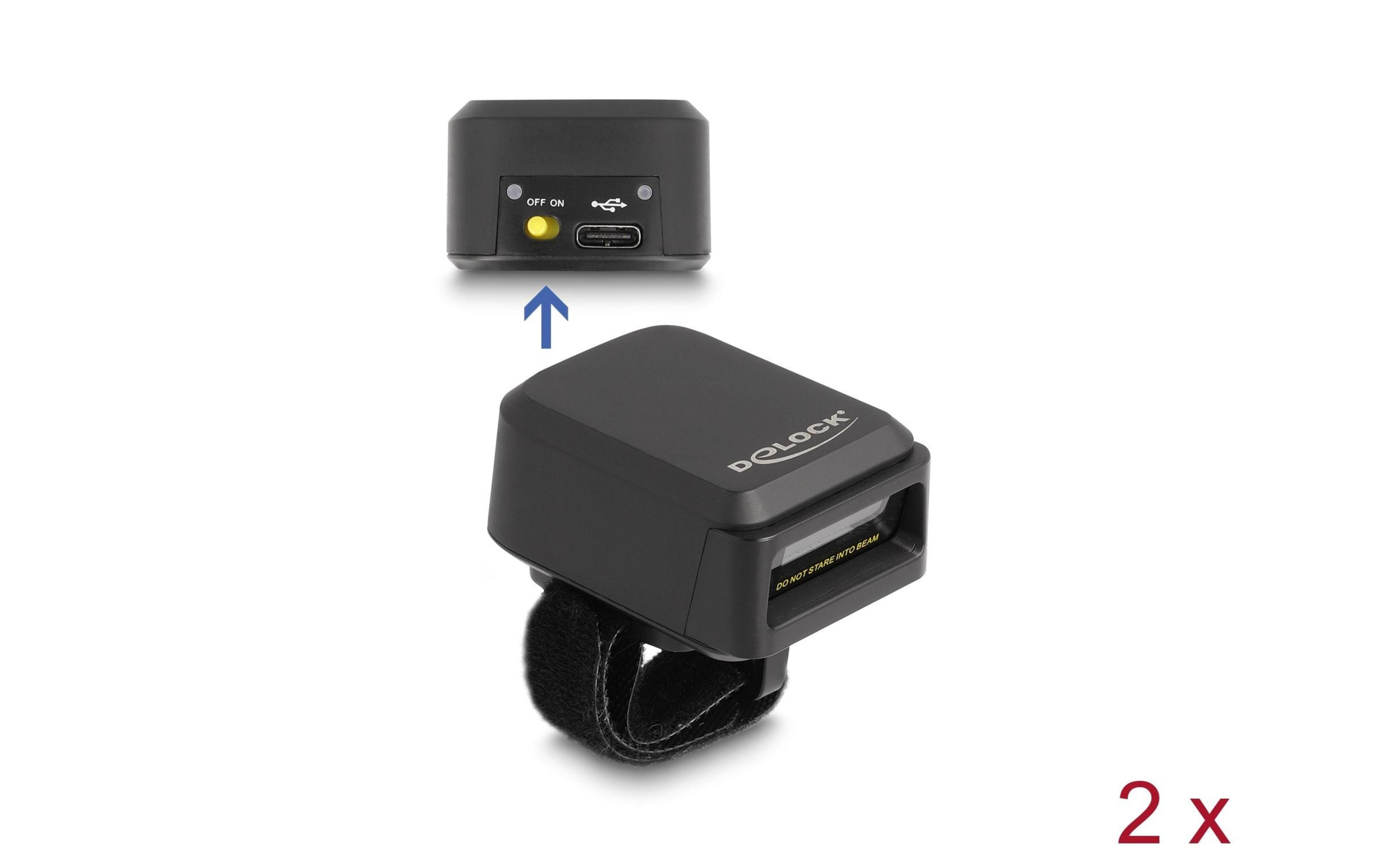 Scanner barcode nero da polso con porta USB-C e freccia.