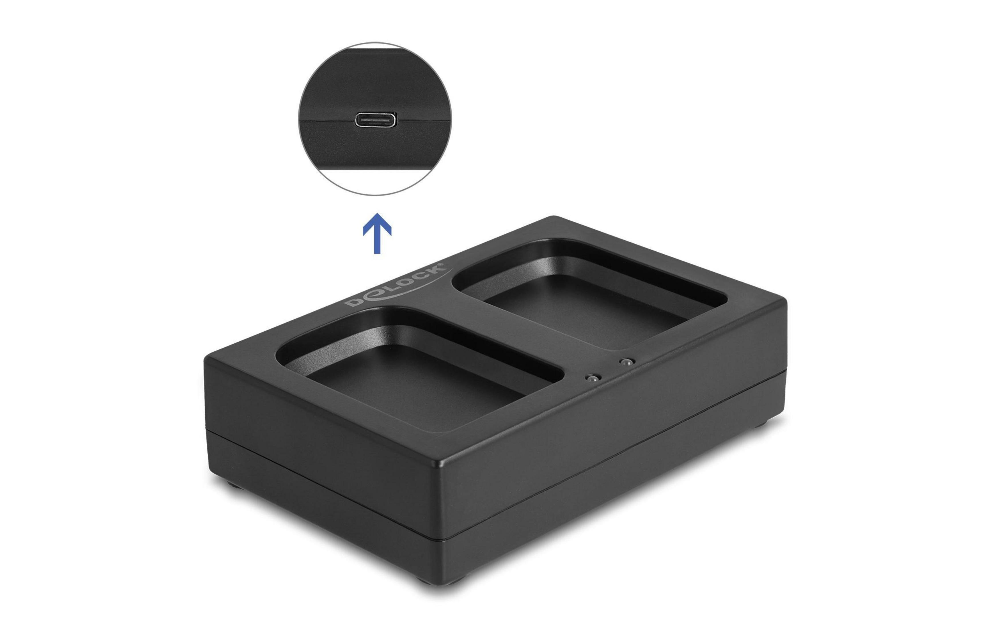 Supporto caricabatterie doppio nero con due slot e porta USB-C.