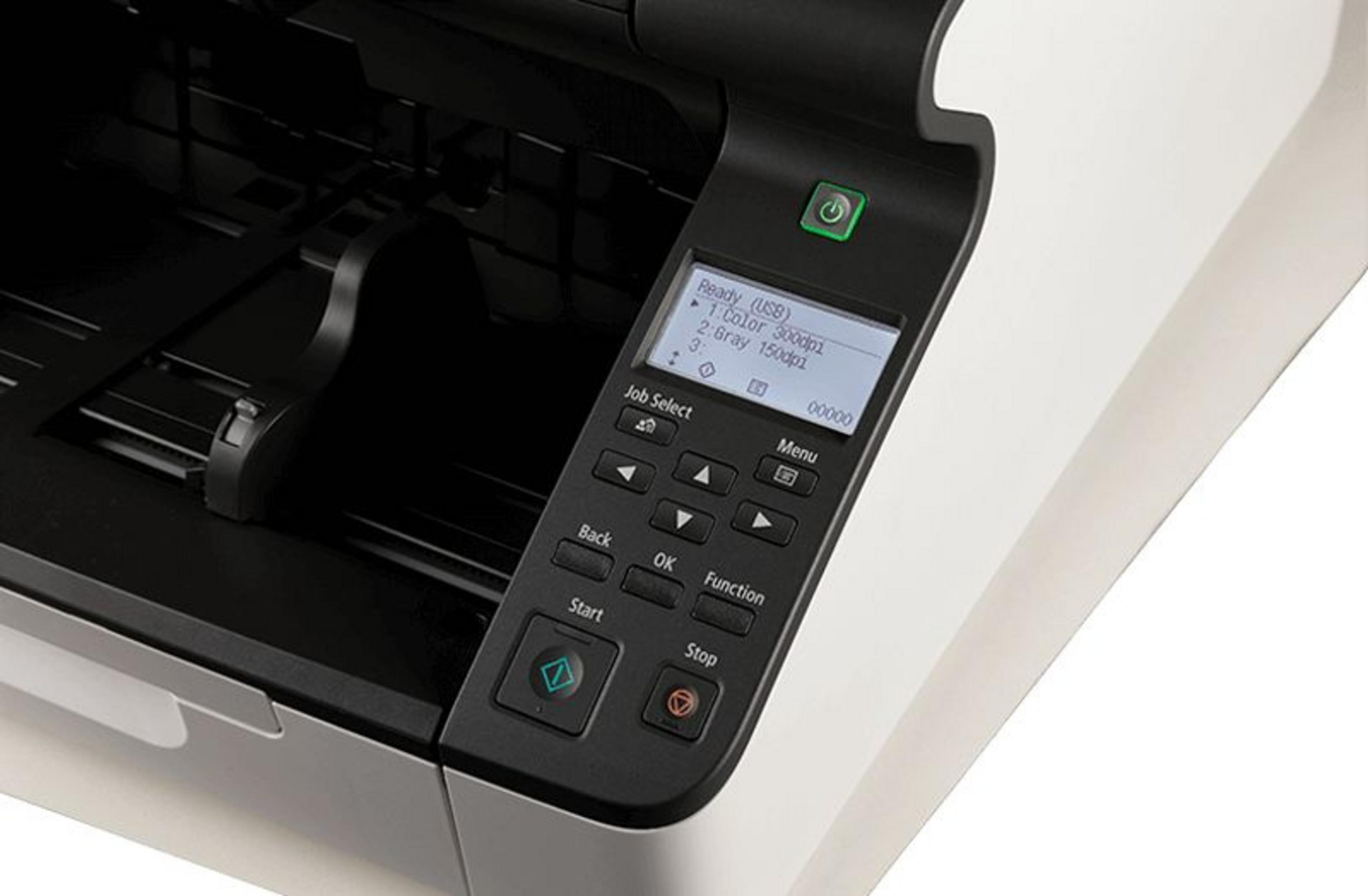 Een scanner met bedieningspaneel en scherm met taakopties.