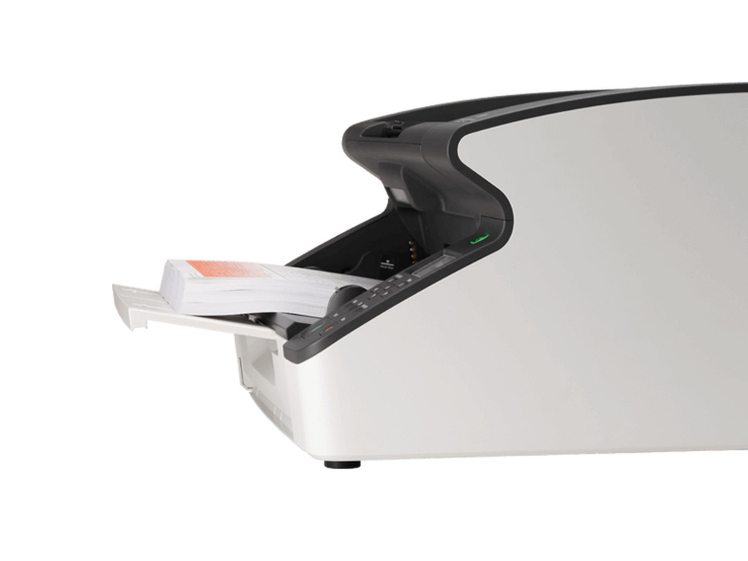 Een witte printer met een stapel papier in de invoerlade.