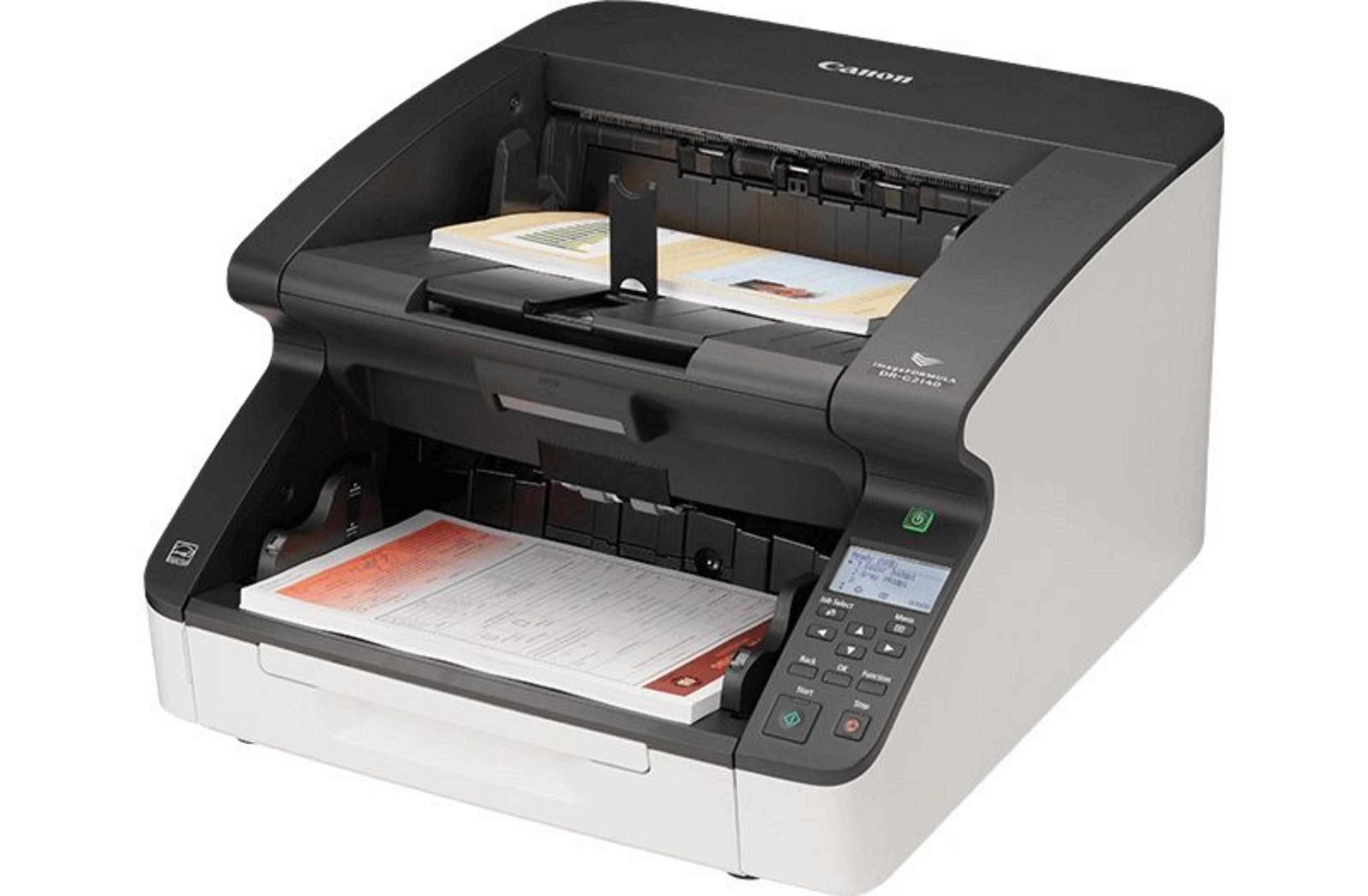 Uno scanner di documenti Canon nero con documenti caricati.