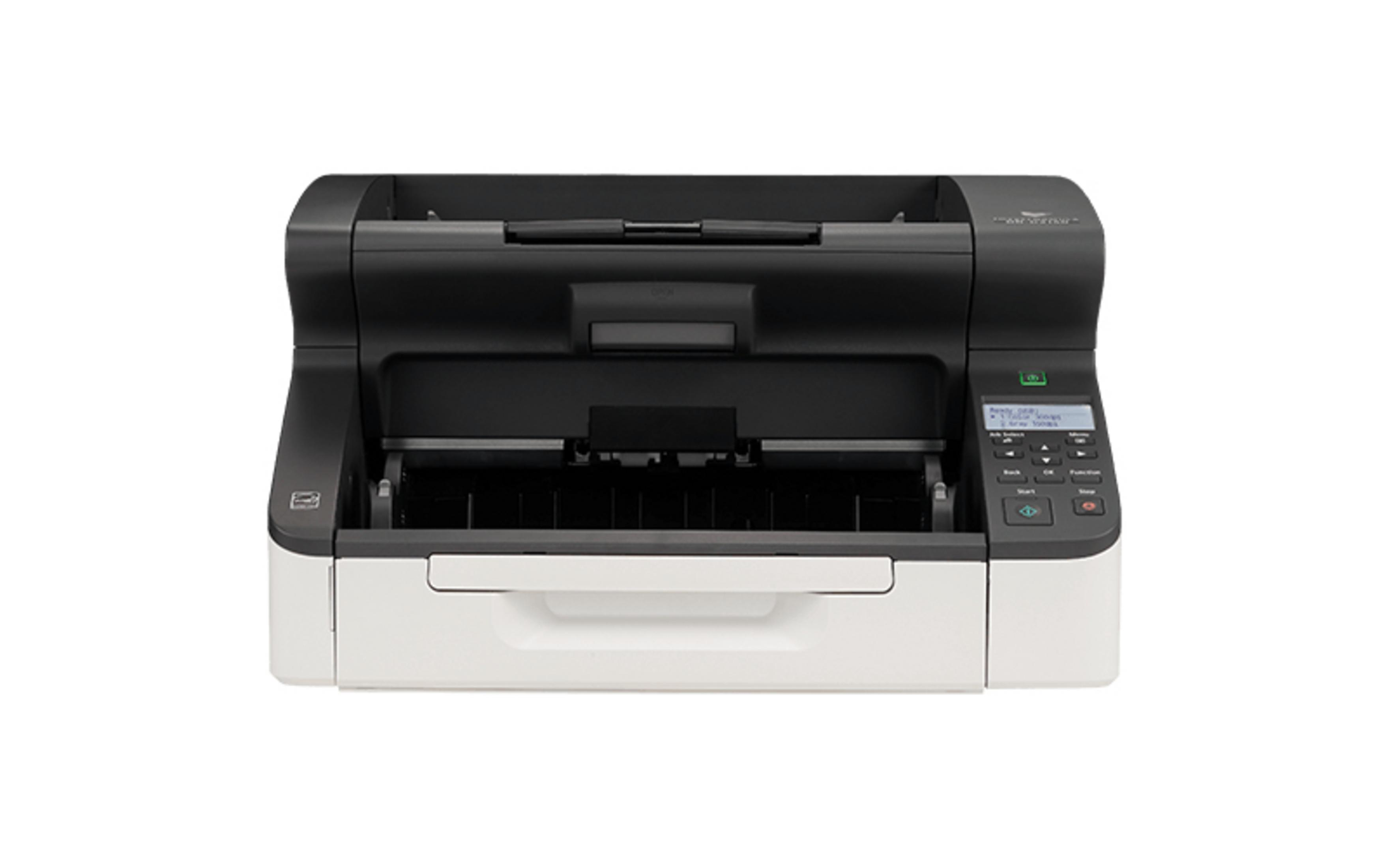 Uno scanner bianco e nero con alimentatore documenti e pannello di controllo con schermo LCD.