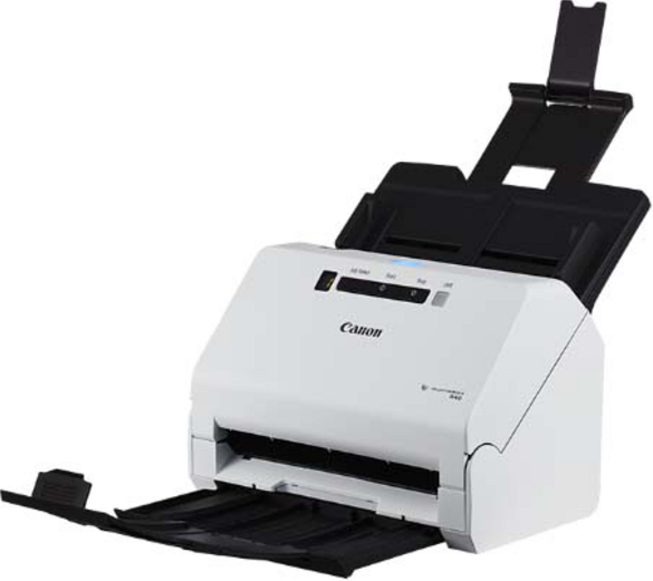 Biały skaner Canon z otwartym podajnikiem dokumentów i tacą wyjściową.