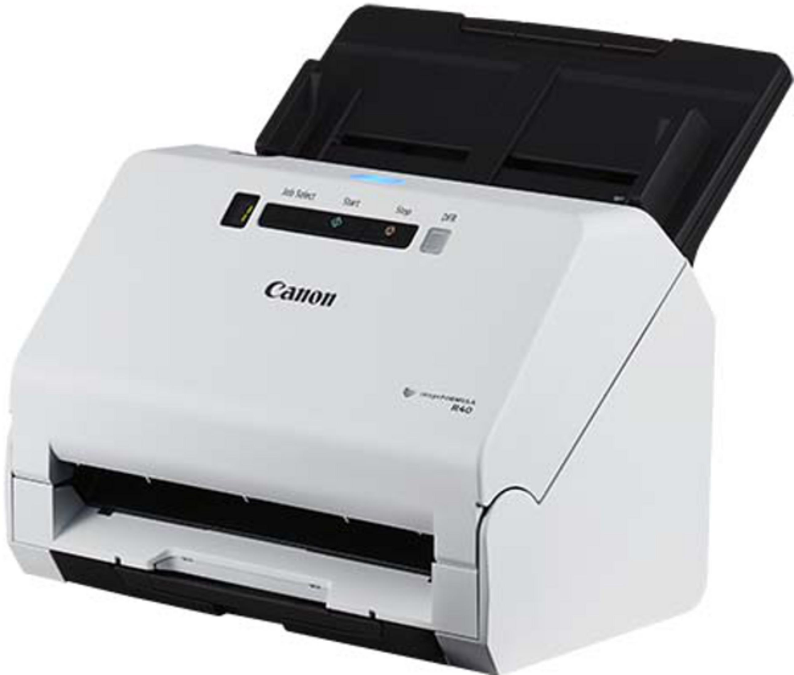 Biały skaner Canon z otwartą pokrywą i widocznym panelem sterowania.
