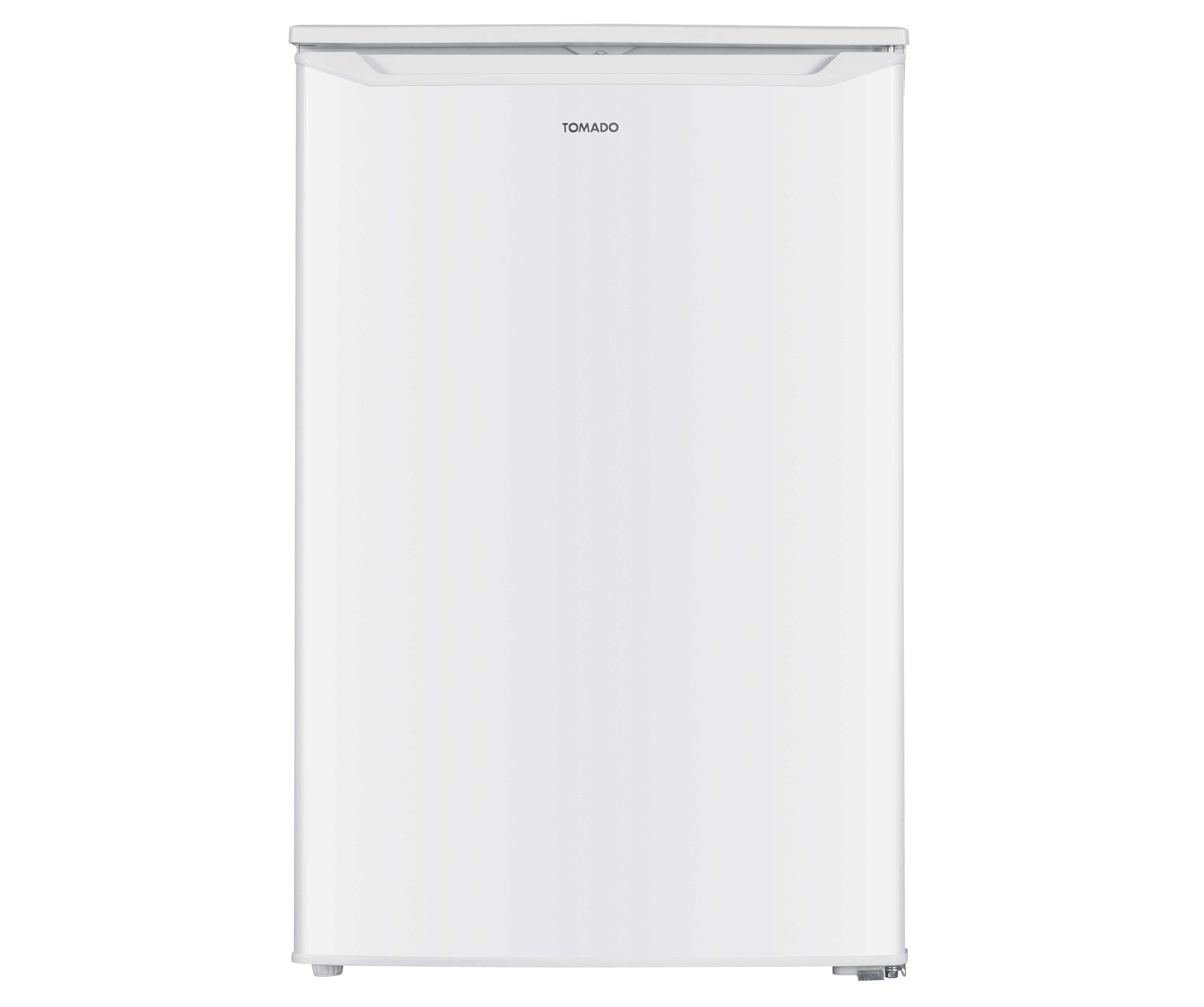A white, freestanding refrigerator with the brand name TOMADO.